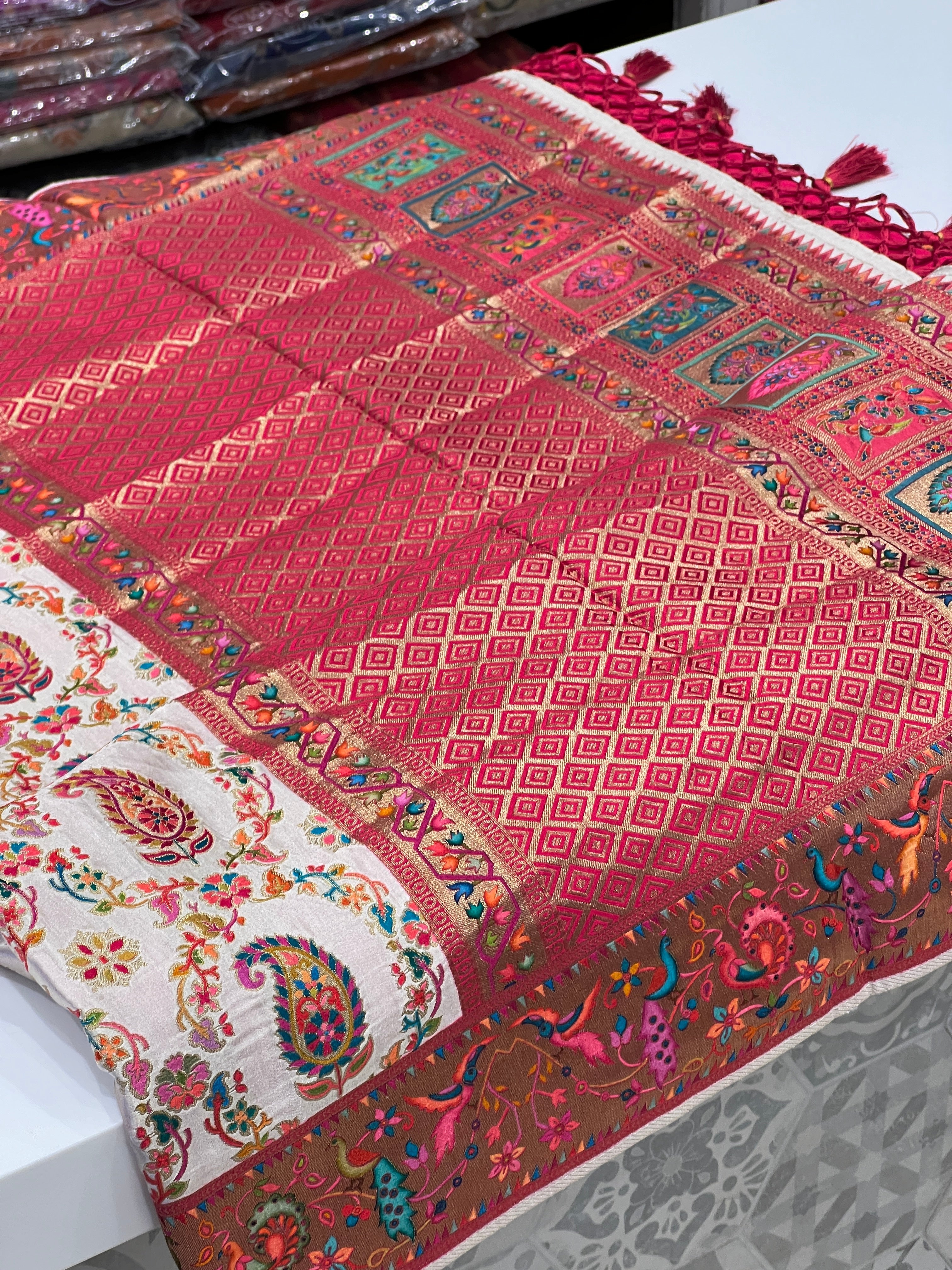 Off White Pashmina Modal Satin Saree