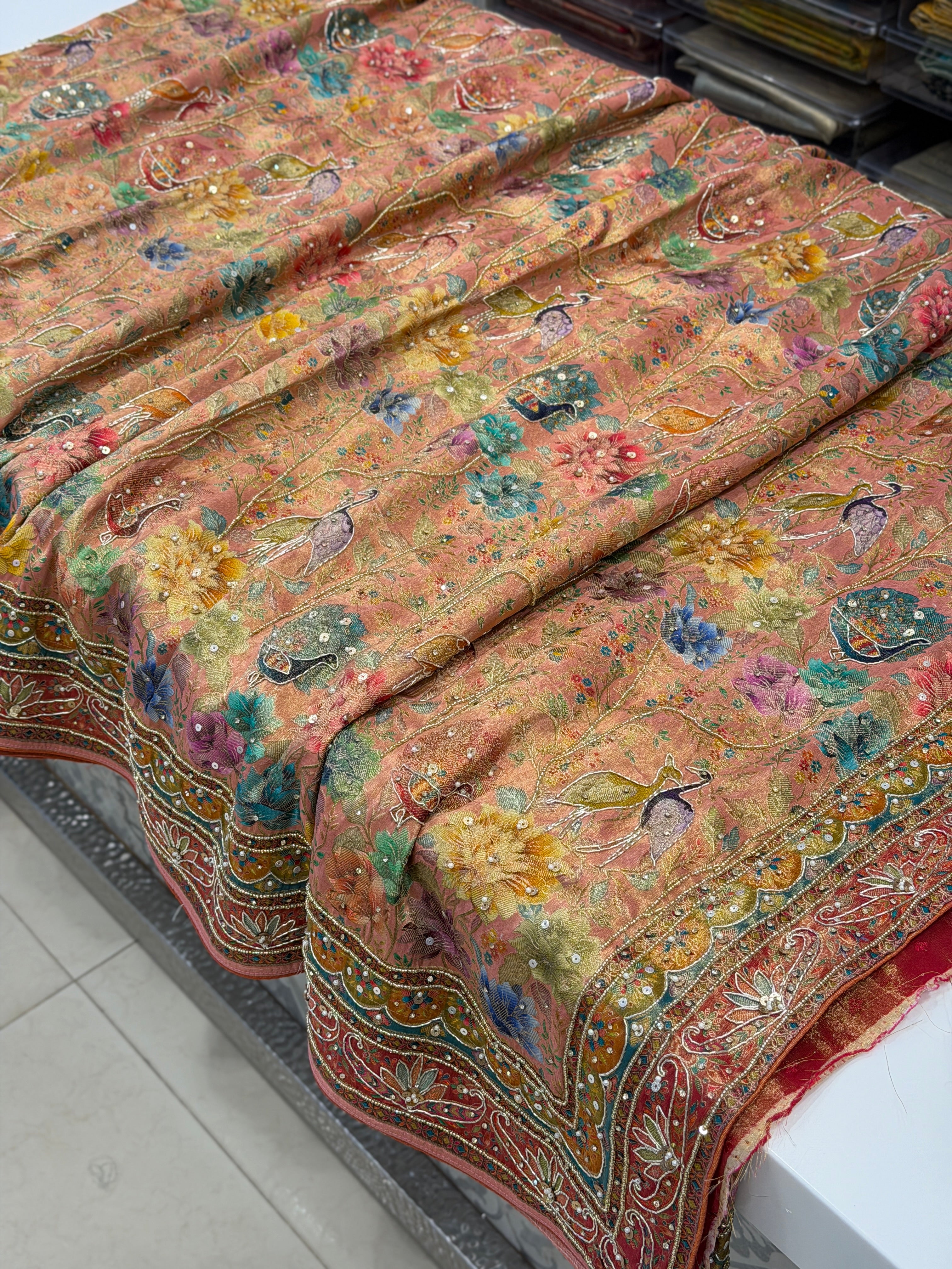 Pink Banarasi Crepe Tissue Landscape Weaved Hand Embroidery Saree