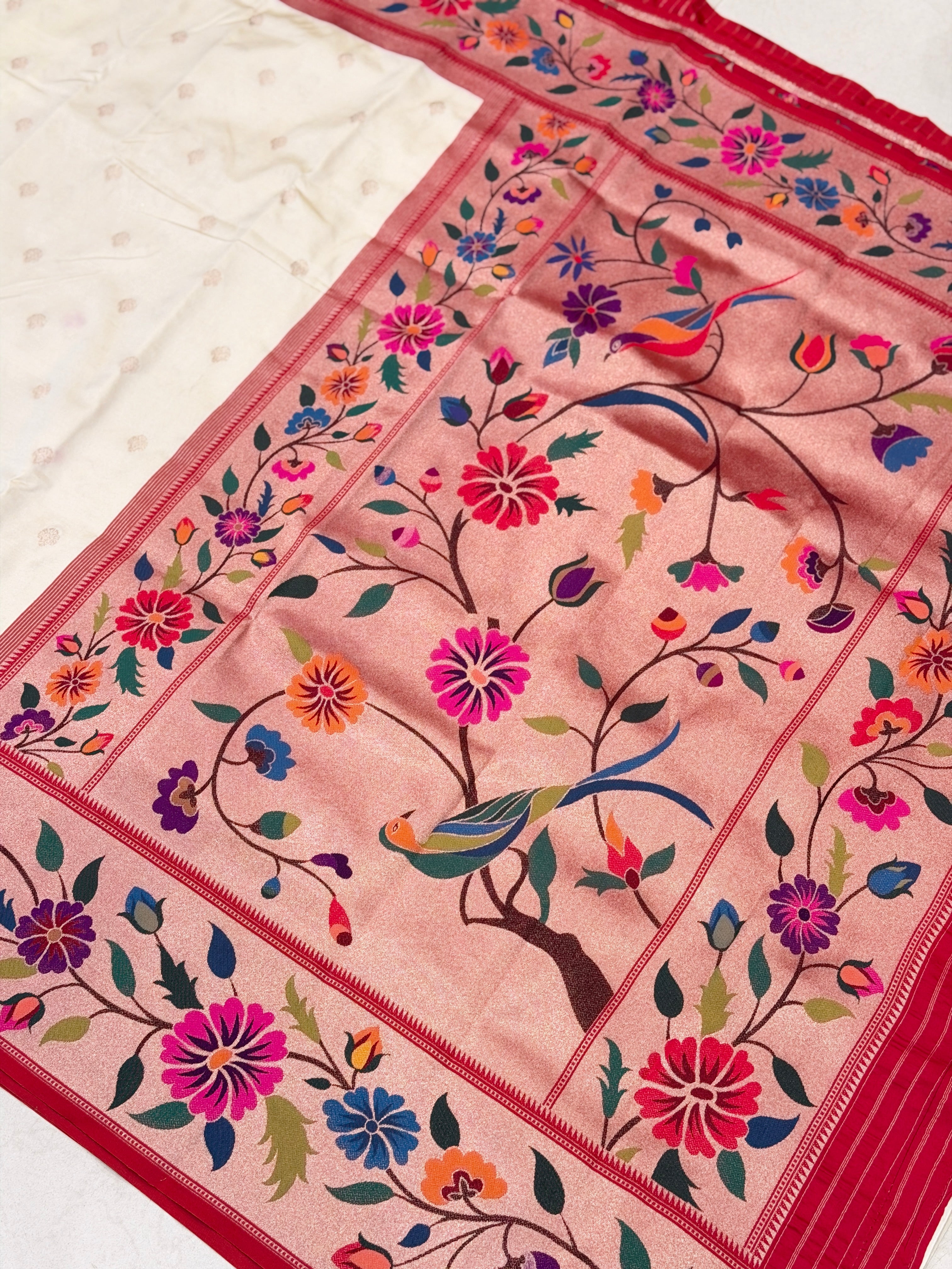 Moti White Floral Border Paithani Silk Saree