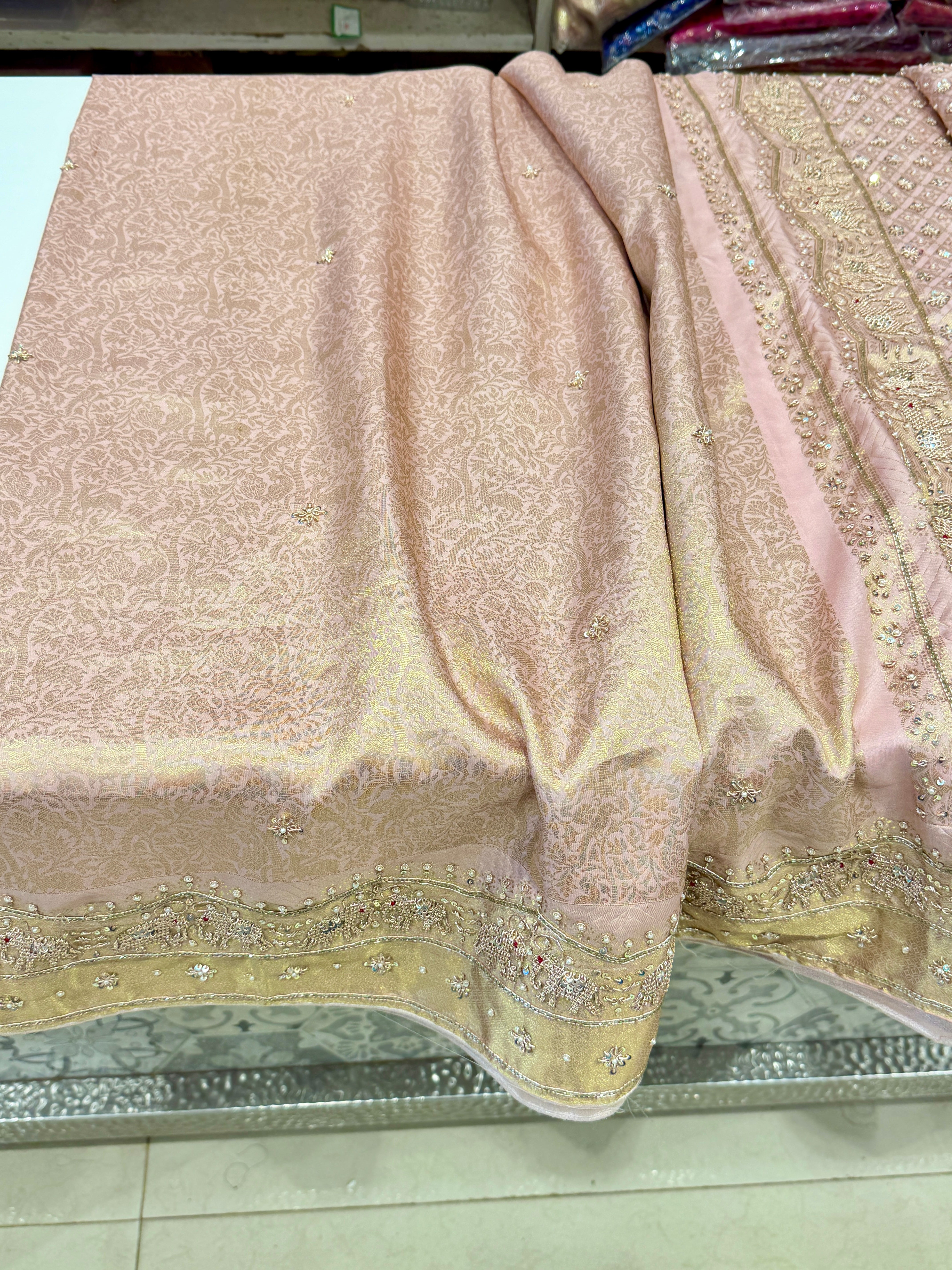 Light Pink Kanjivaram Elephant Motif Jaal Zardozi Hand Embroidery Saree