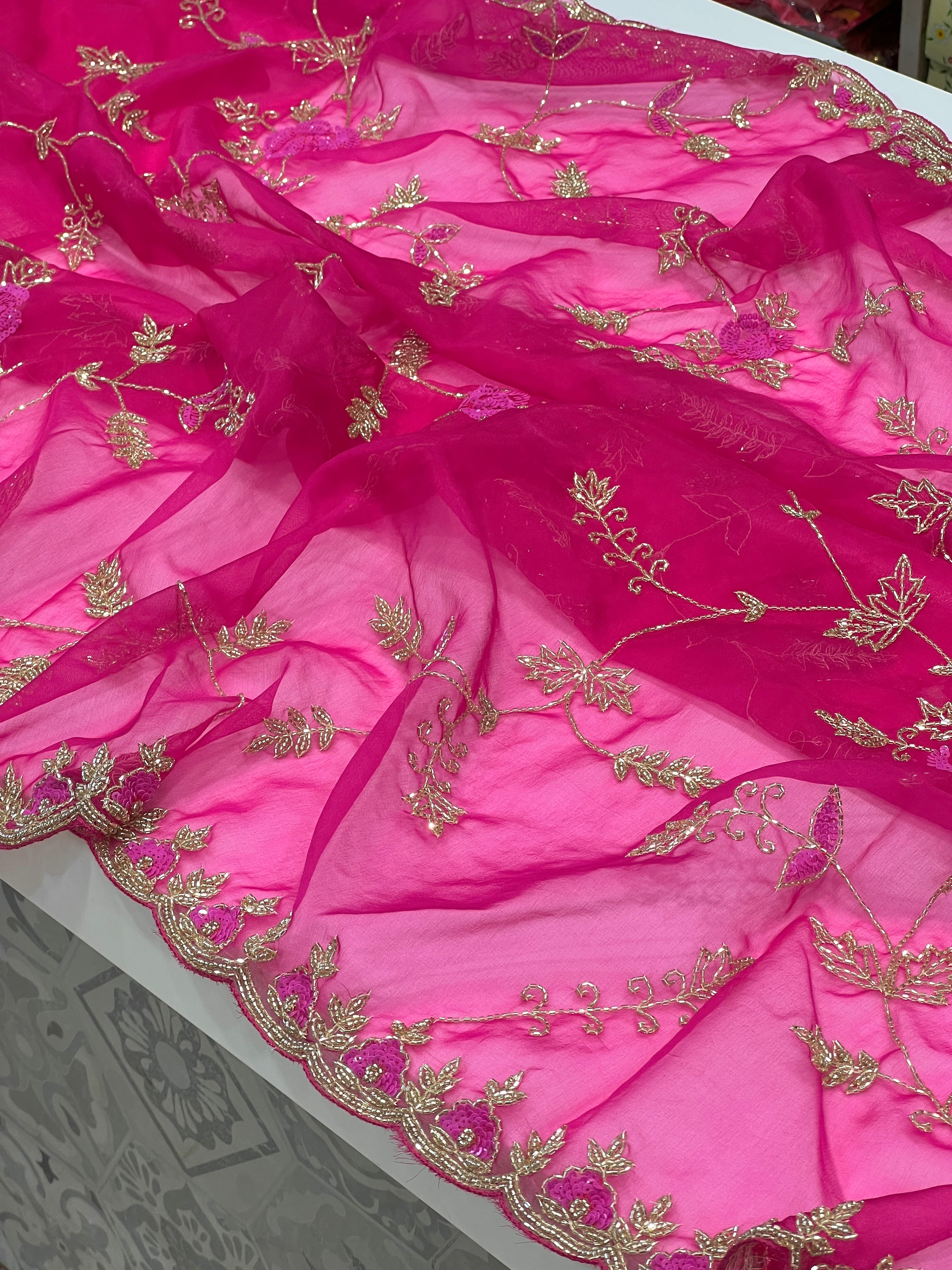 Rani Organza Hand Embroidery Jaal Saree