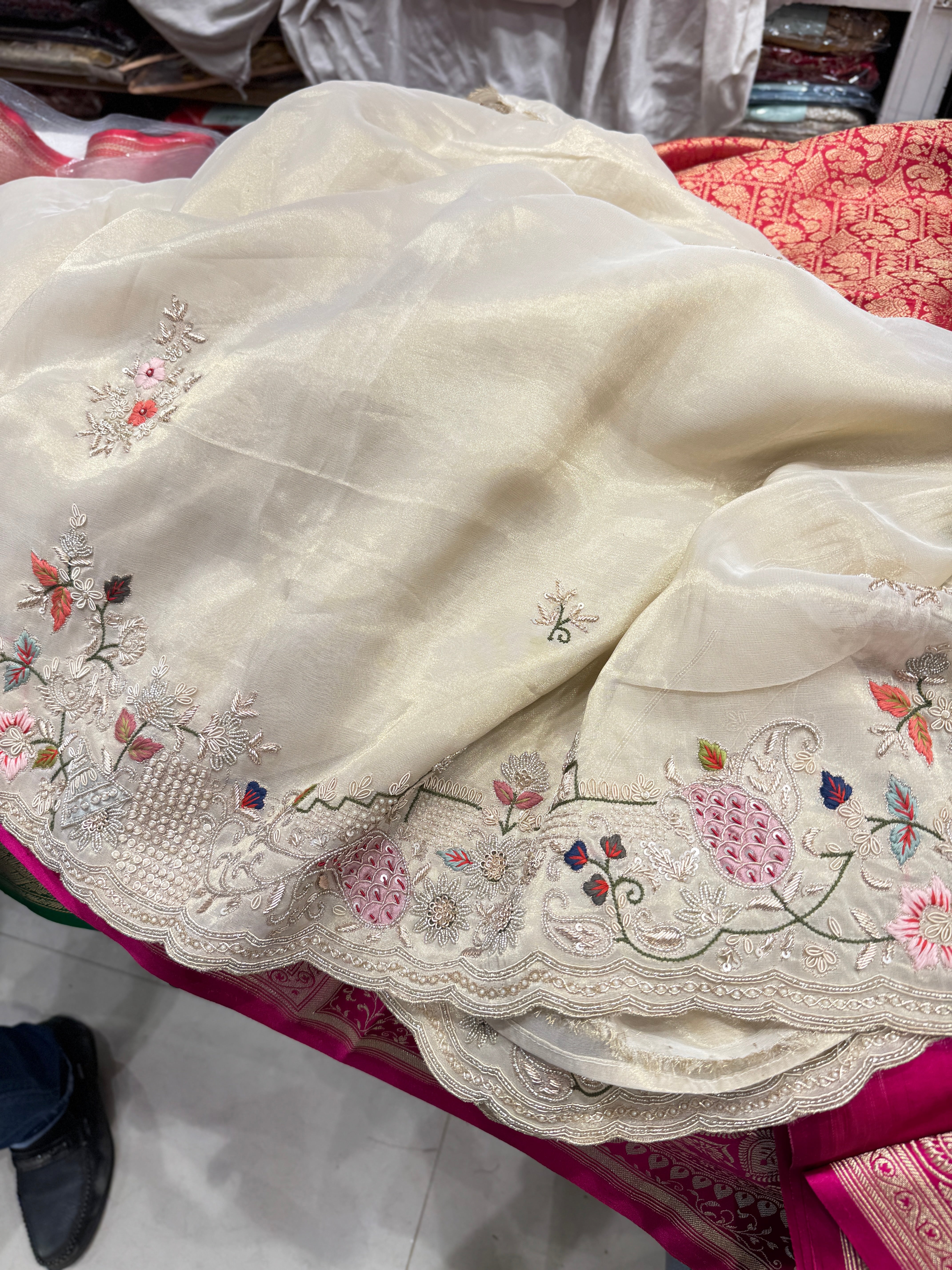 Tissue Hand Embroidery Patch Work Zardosi Saree