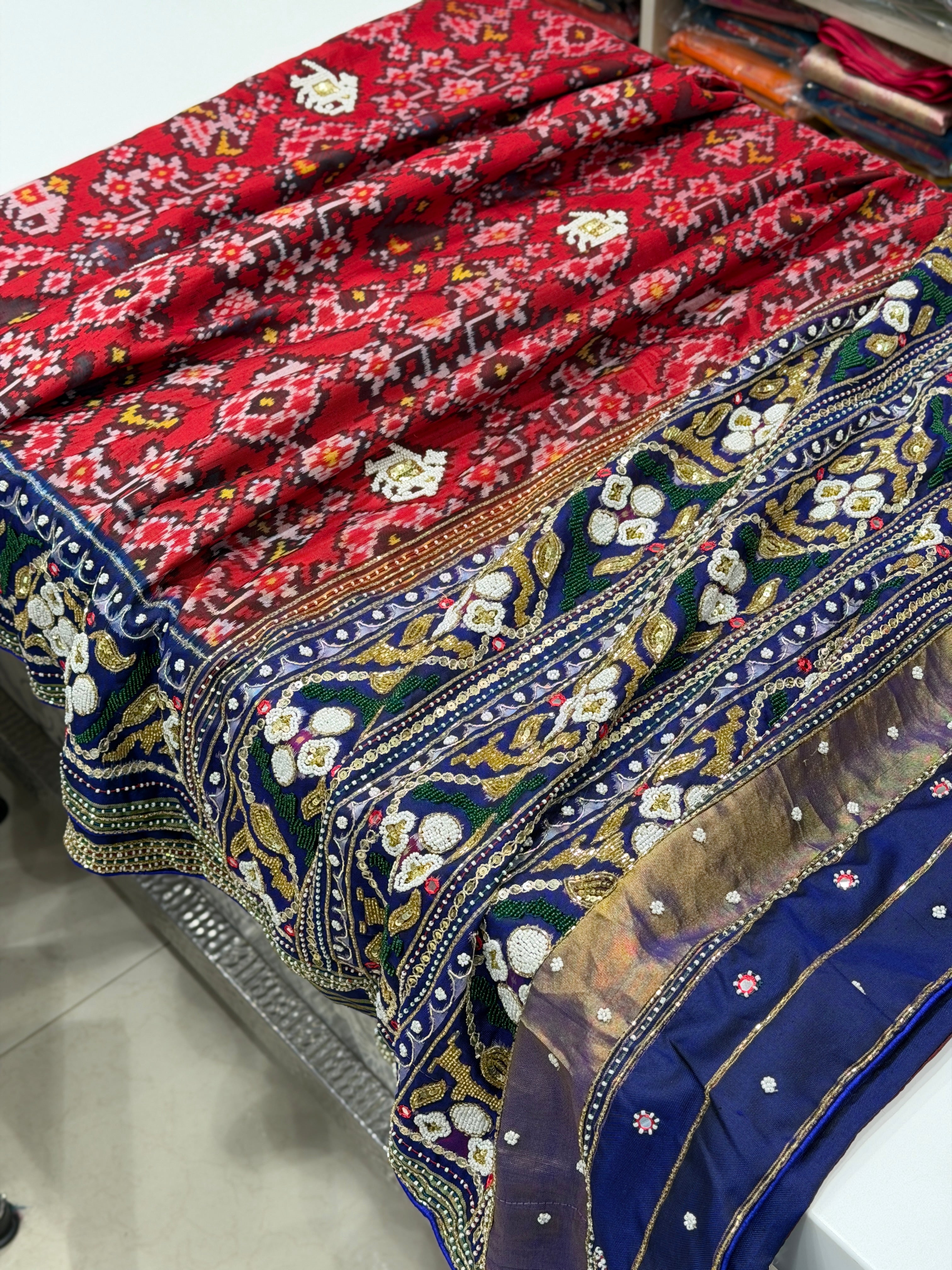 Red Blue Patan Patola Hand Embroidery Kidiya Moti Zardosi Saree
