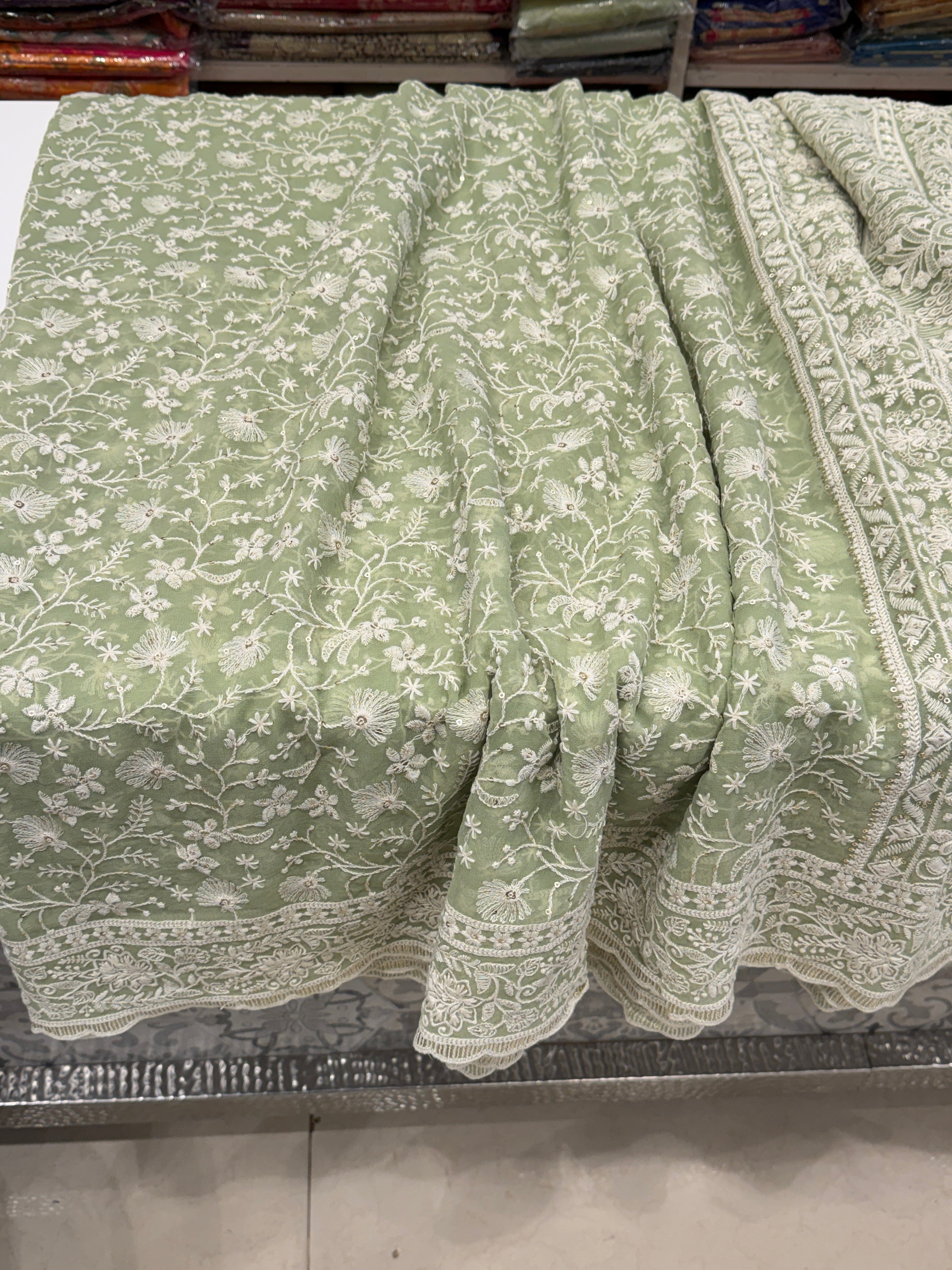 Pista Green Chikankari Georgette Jaal Saree