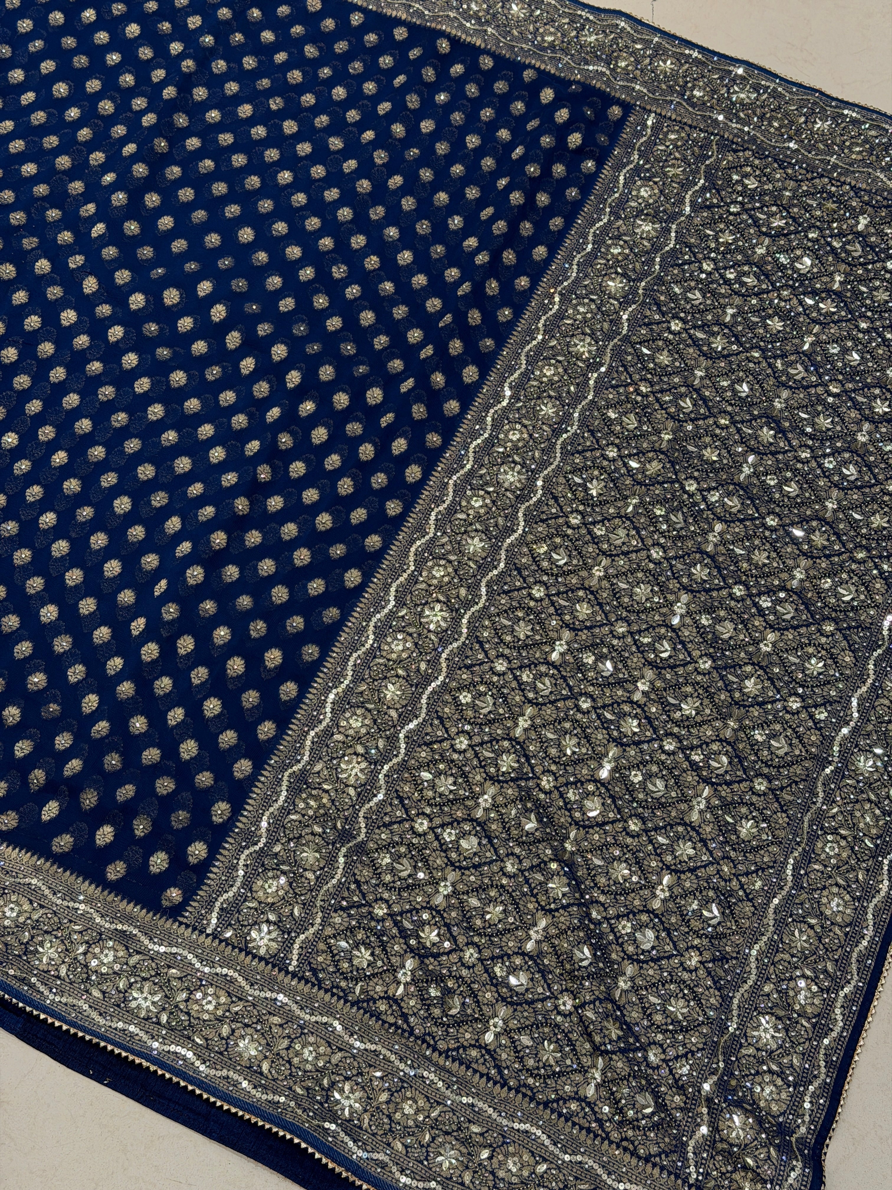 Blue Banarasi Khaddi Georgette Butti Hand Embroidery Sequin Stone Saree