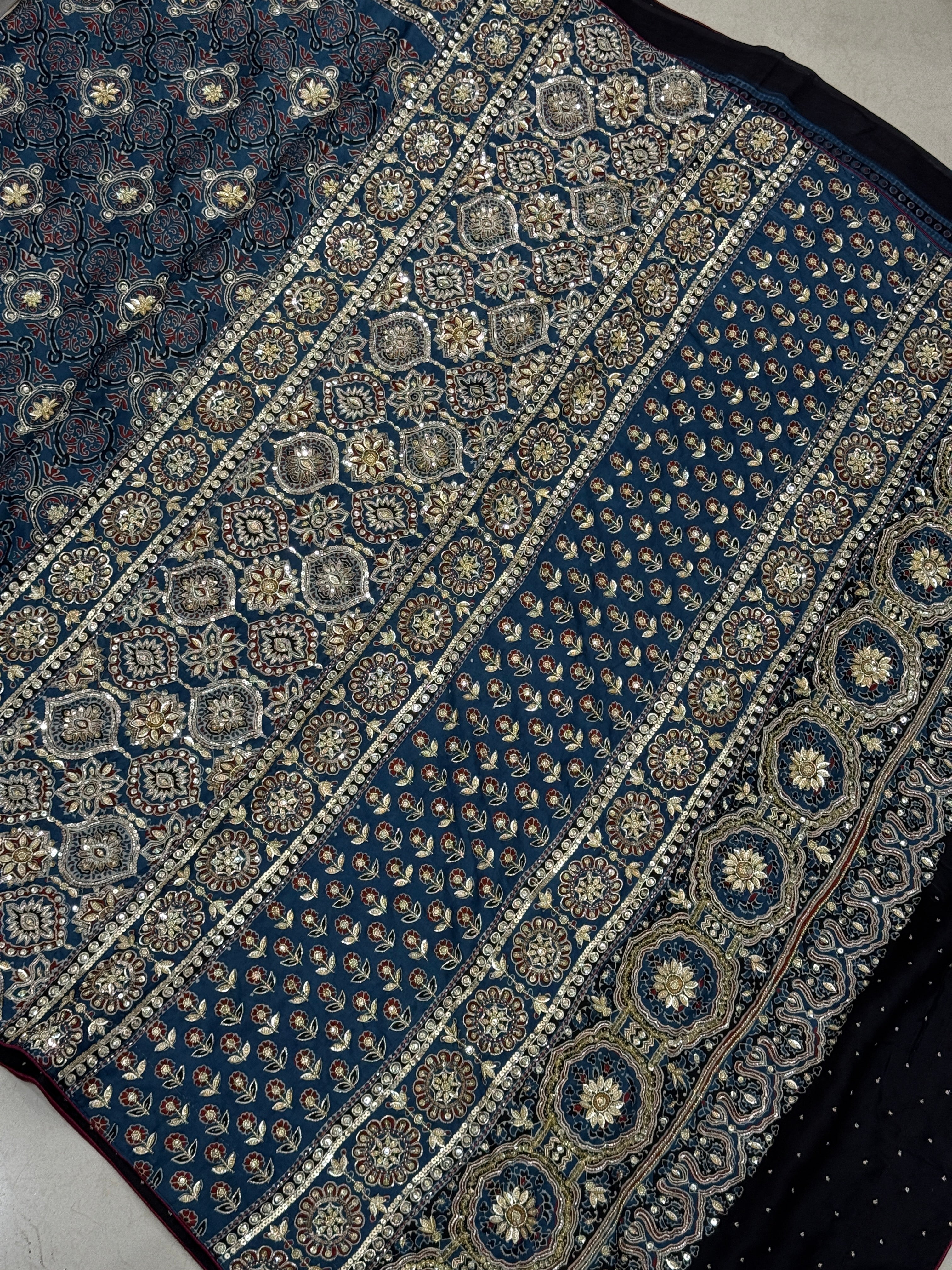 Blue Badam Jaal Pita Zardosi Sequin Ajrakh Hand Embroidery Saree