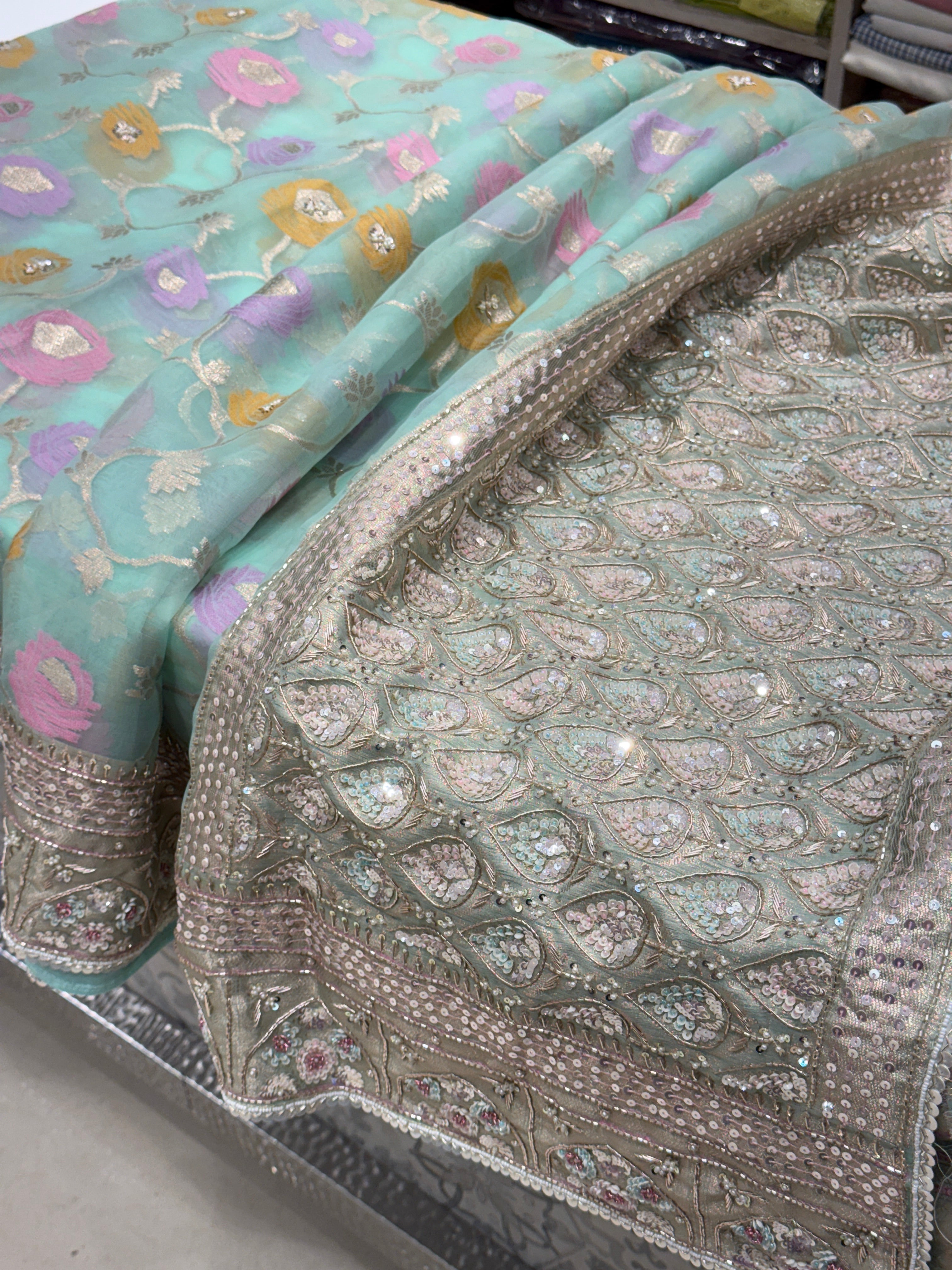 Light Blue Meenakari Banarasi Kora Sequin Zardosi Hand Embroidery Saree