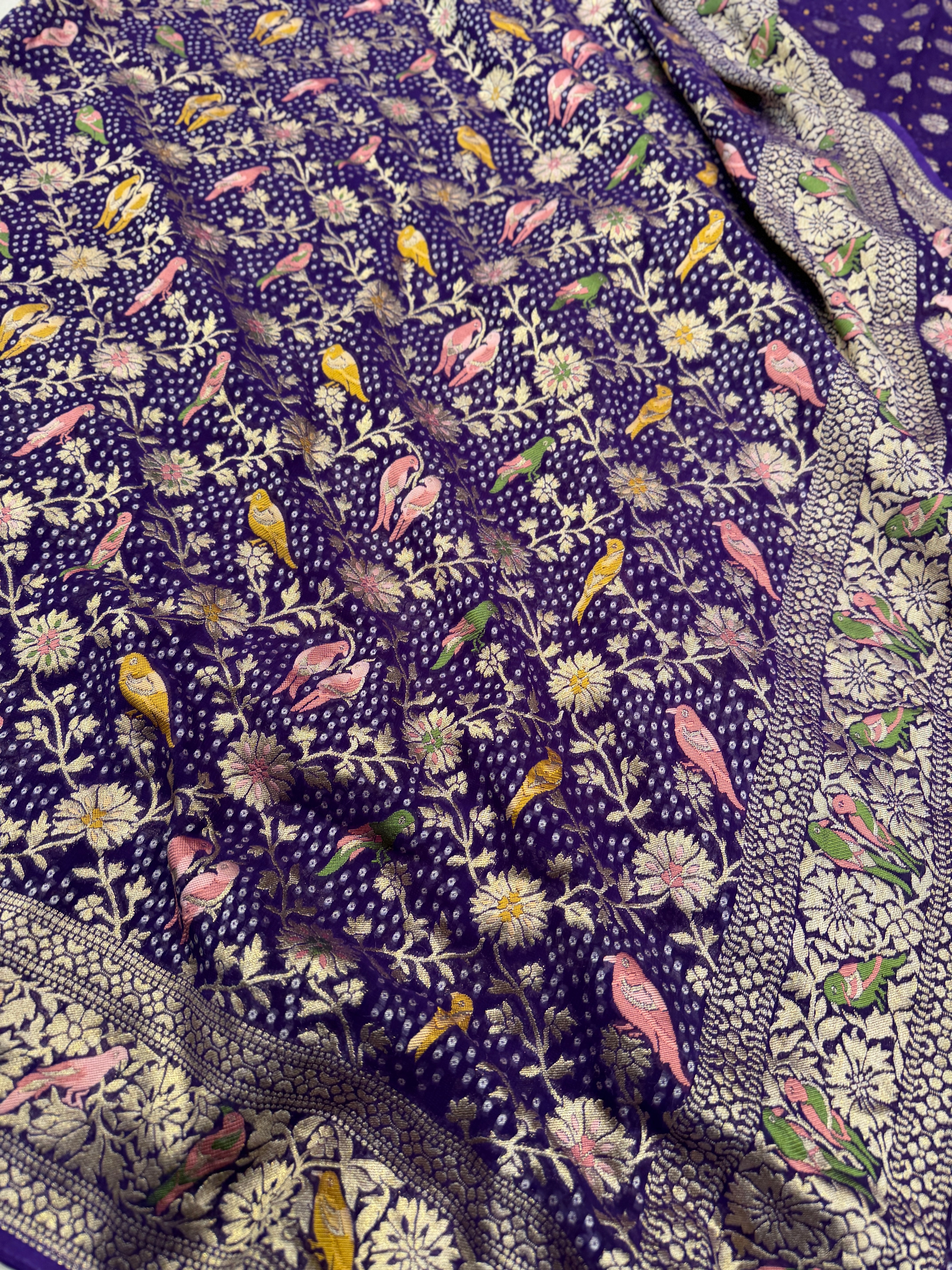 Violet Woven Bandhej Meenakari Parrot Motif Saree