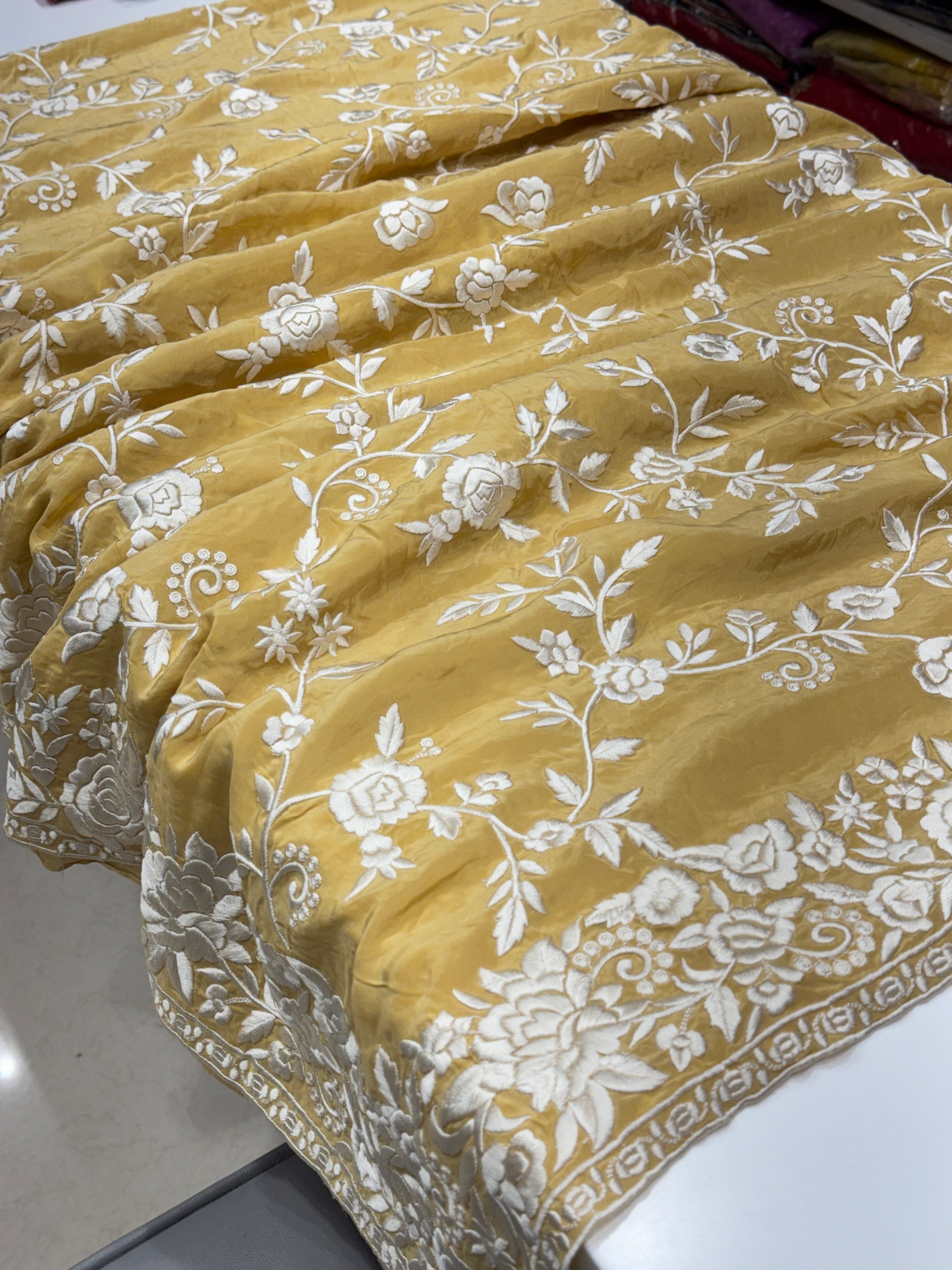 Yellow Crepe Floral Parsi Gara Saree