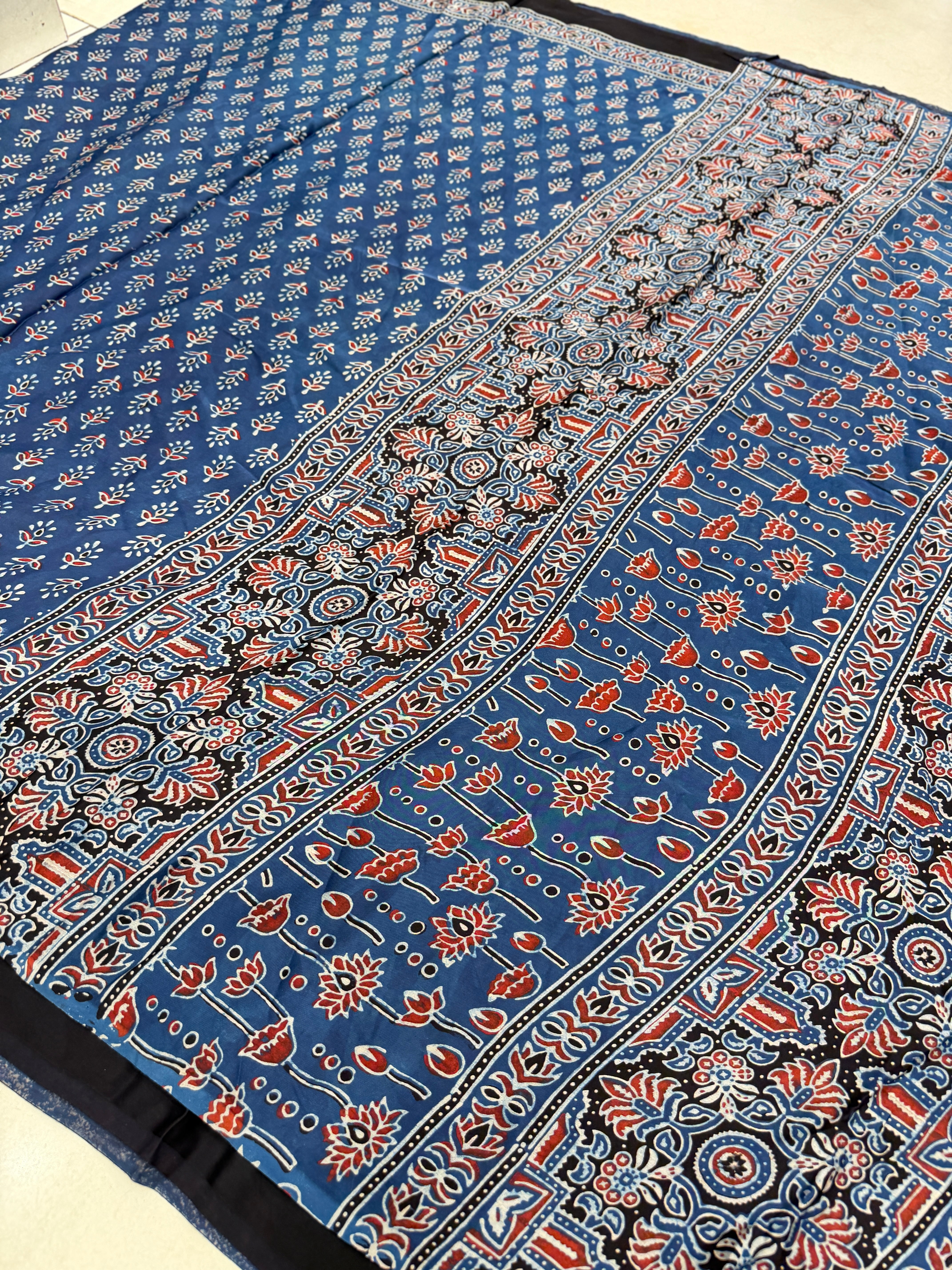 Blue Diya Buttis Ajrakh Hand Block Print Pure Gajji Silk Saree