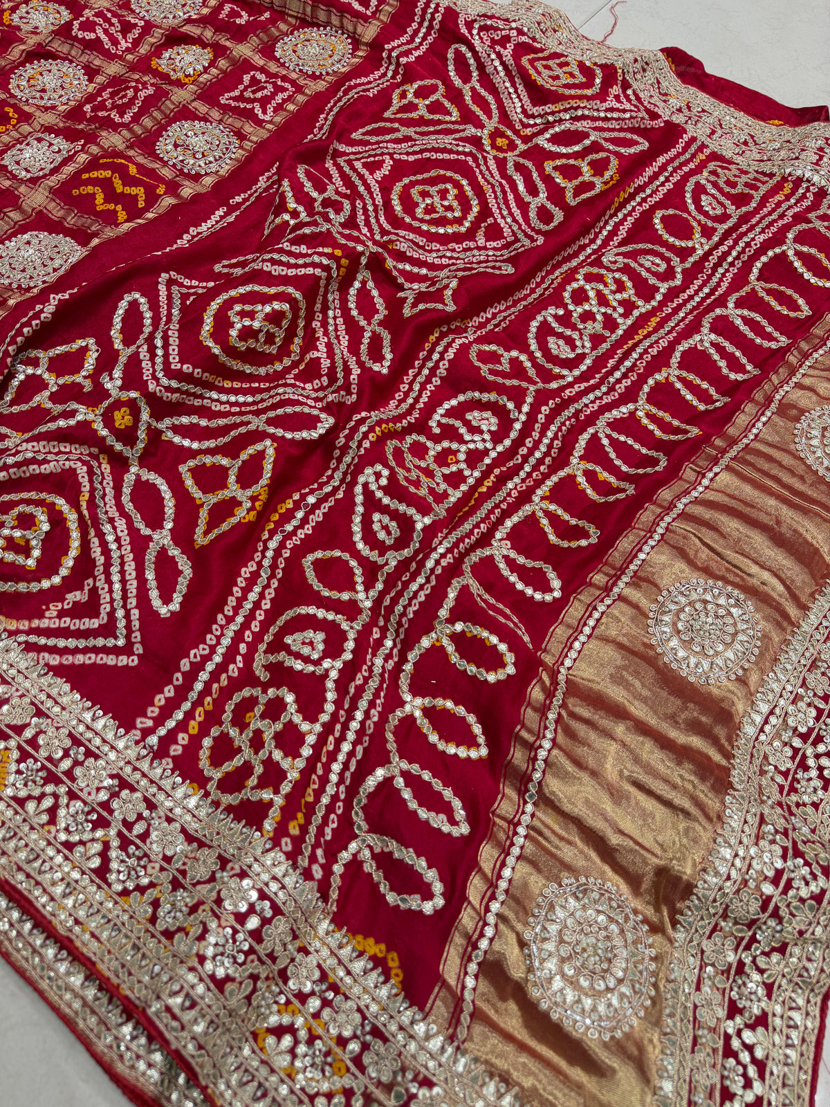 Red Gajji Faabiiana Inspired Marodi Gotapatti Hand Embroidery Saree
