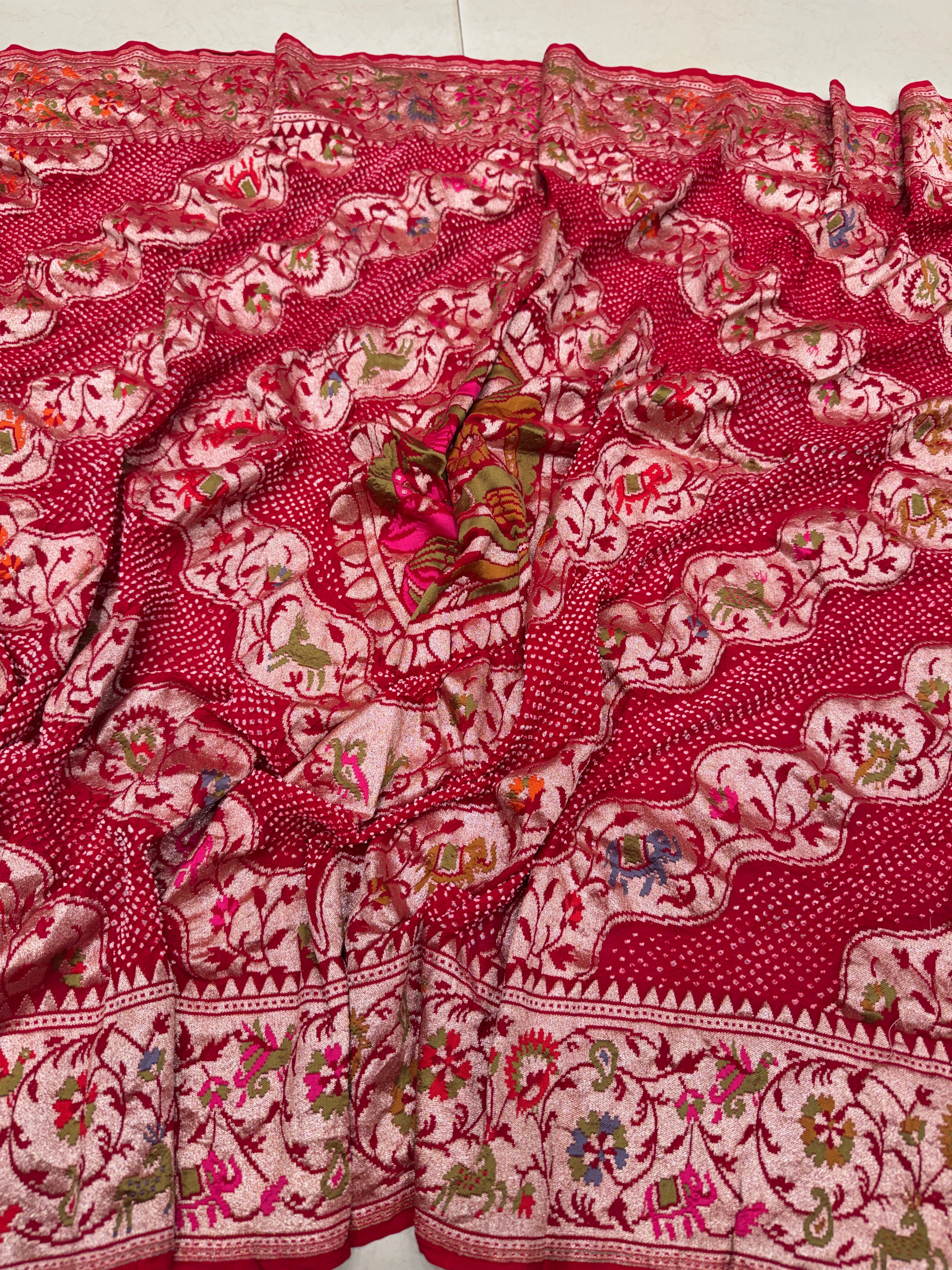 Red Leheriya Style Handloom Meenakari Rai Bandhej Pure Zari Dupatta