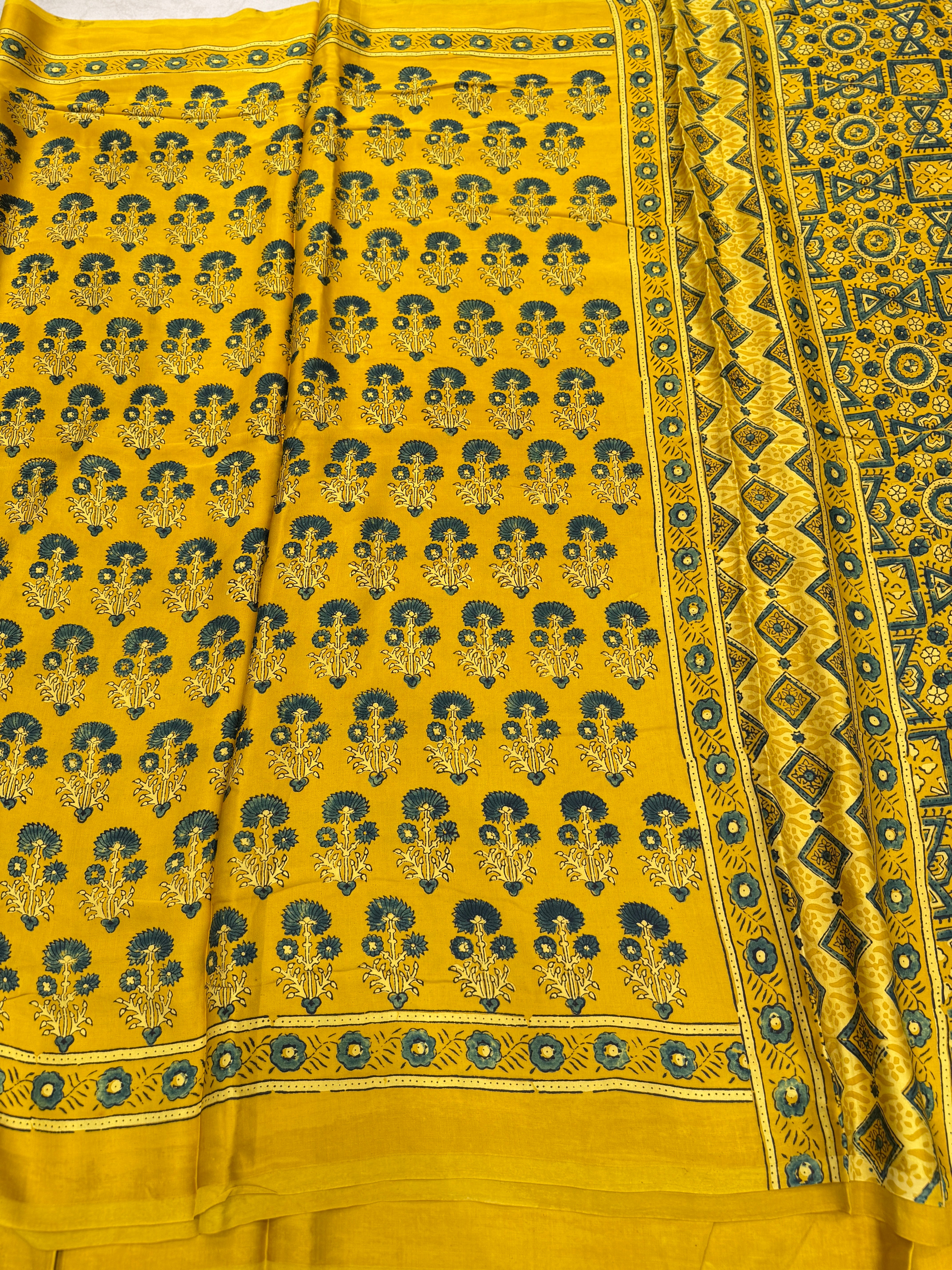 Yellow Floral Buttas Ajrakh Block Print Hand Pure Gajji Silk Saree