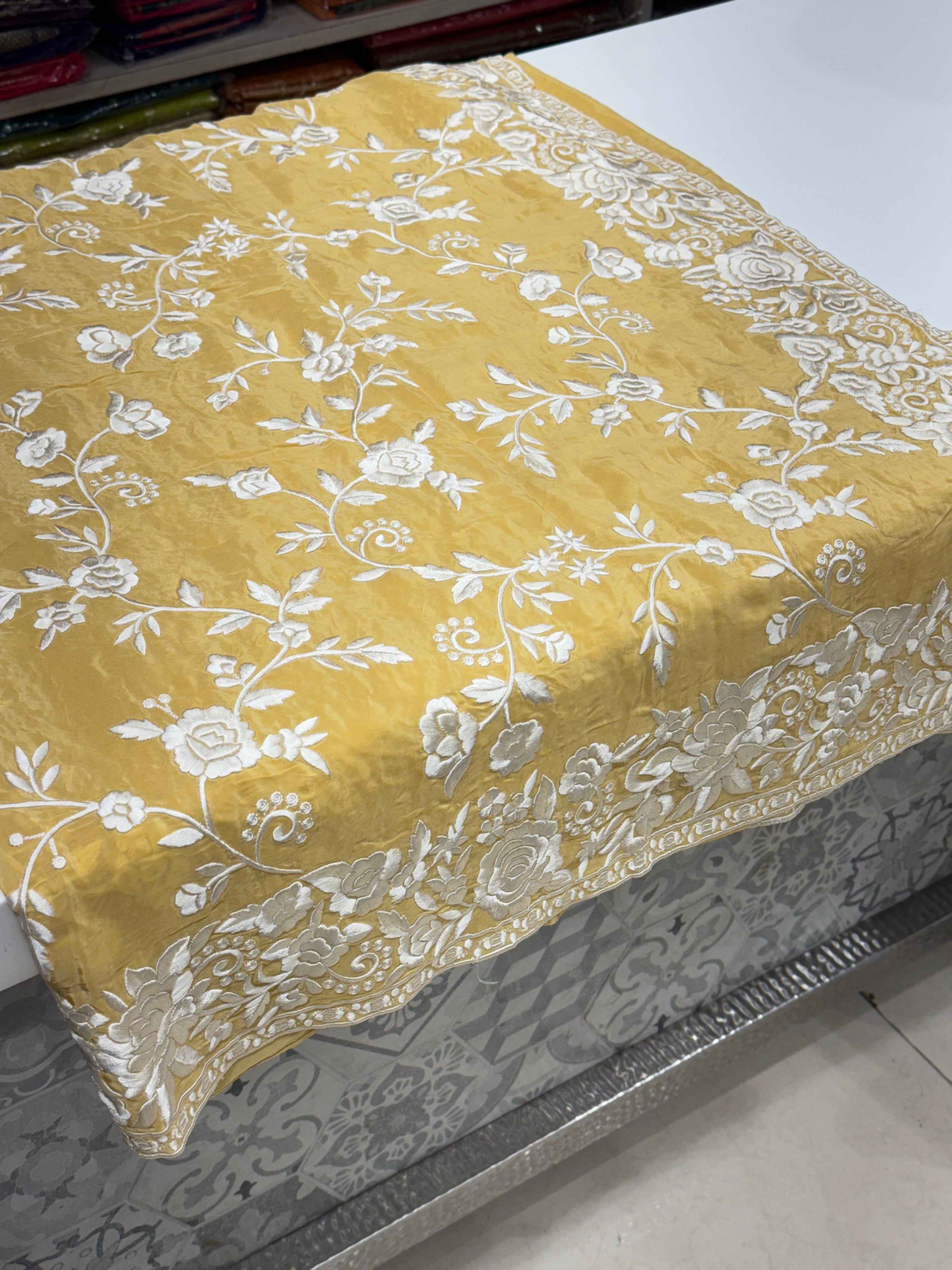 Yellow Crepe Floral Parsi Gara Saree
