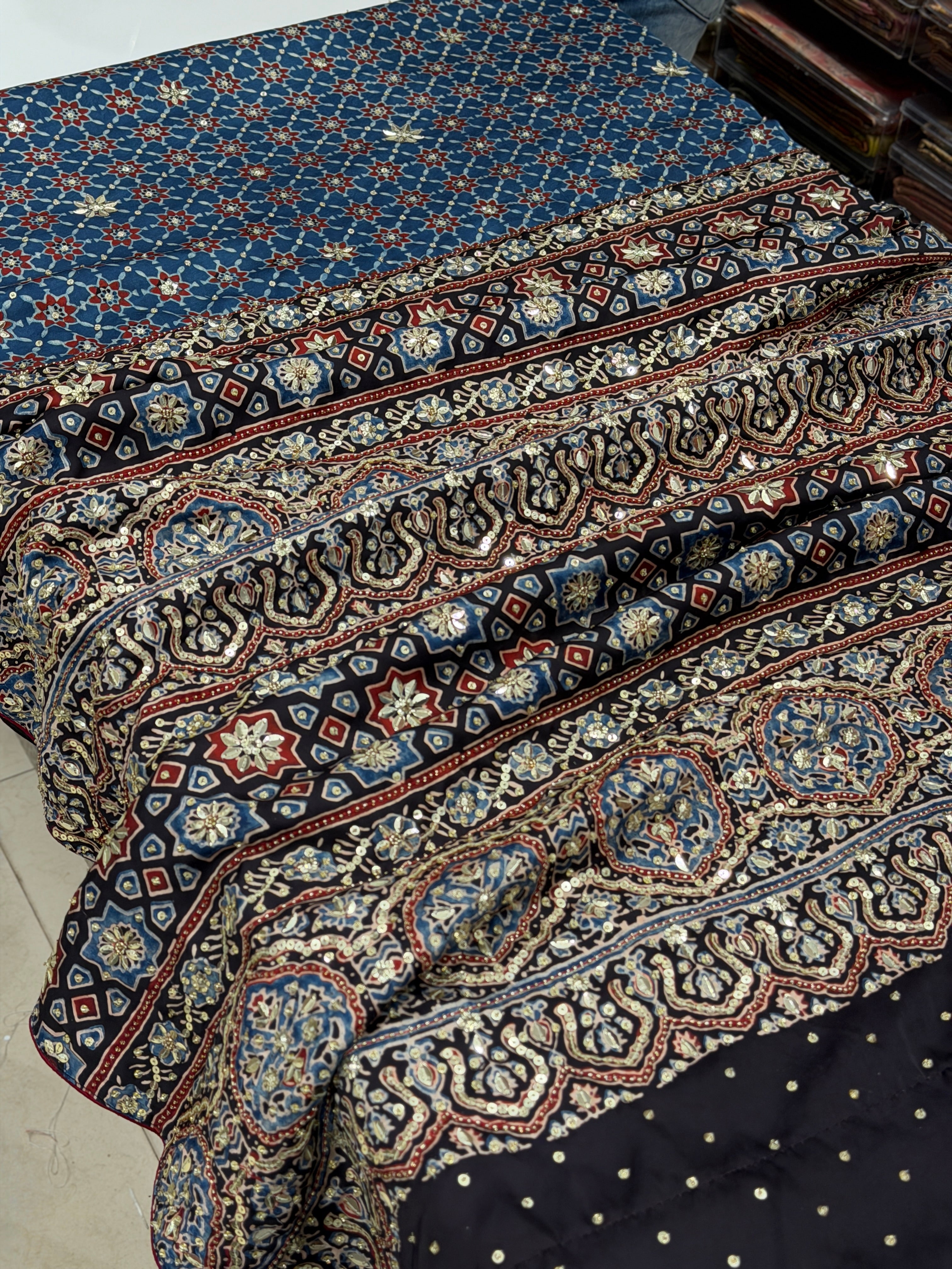 Blue Jaal Ajrakh Sequin Moti Hand Embroidery Saree