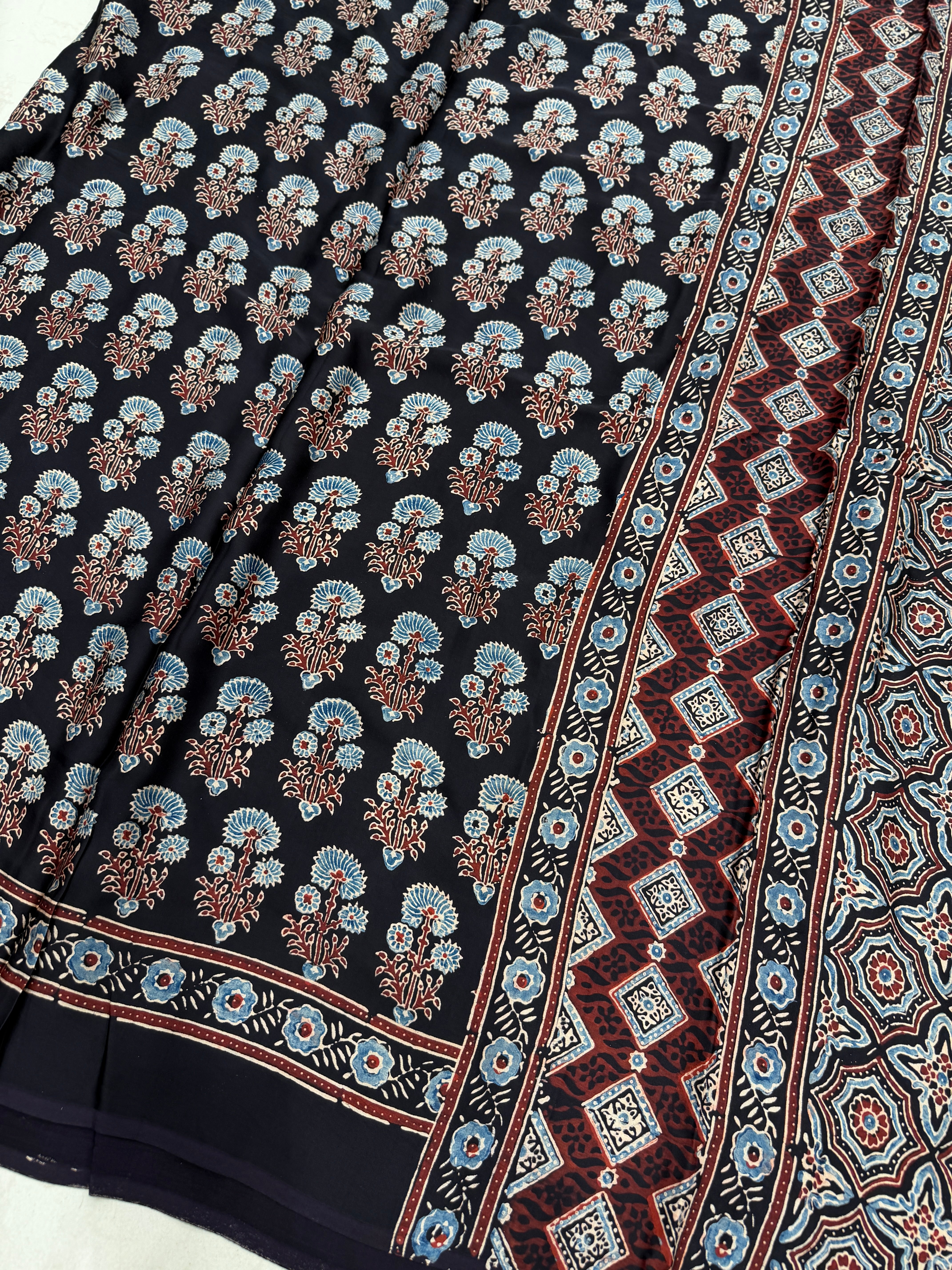 Black Butta Ajrakh Hand Block Print Pure Gajji Silk Saree