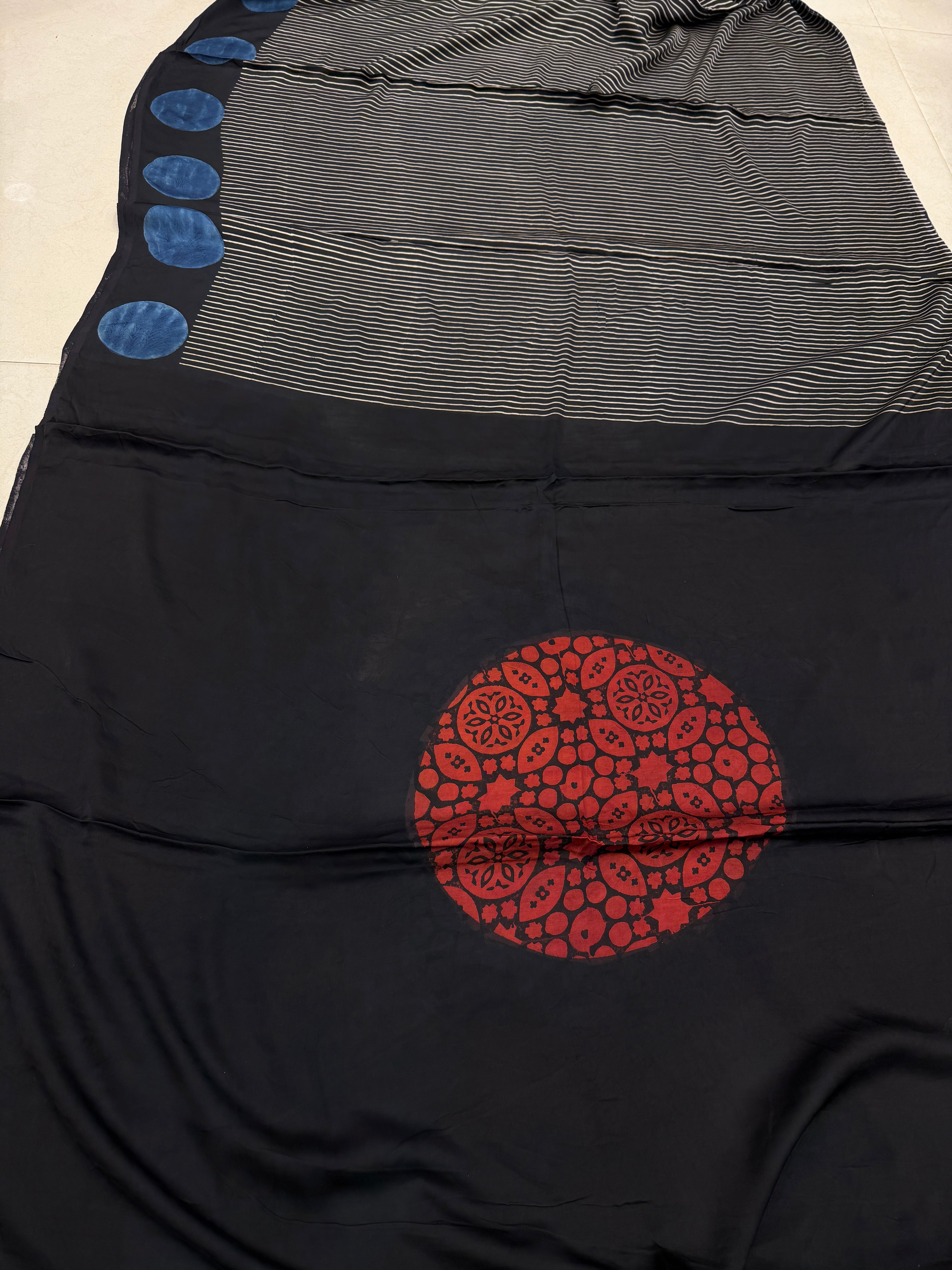 Black Contemporary Moon Border Ajrakh Block Print Hand Pure Gajji Silk Saree