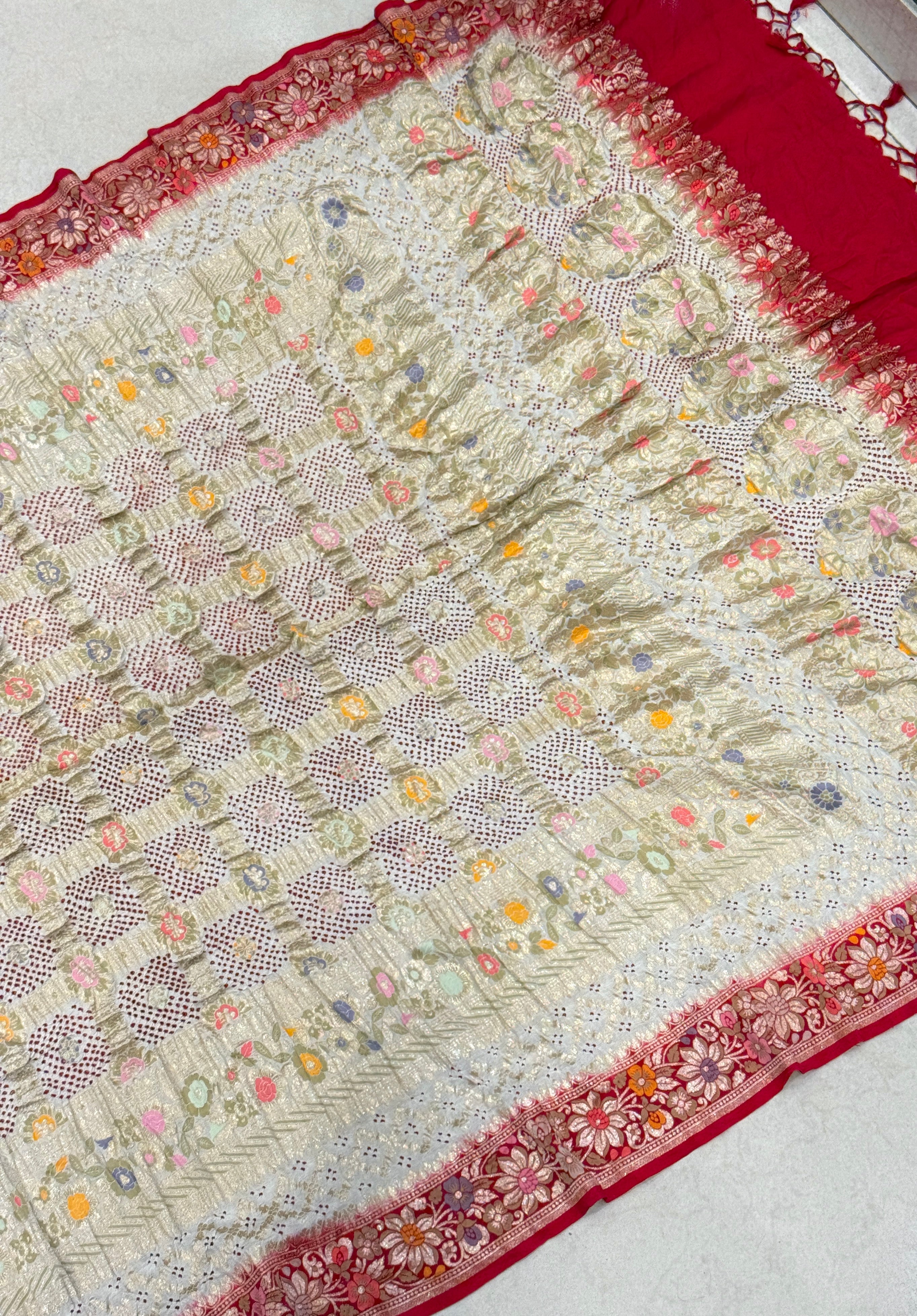 Beige Red Checks Meenakari Handloom Bandhej Dupatta