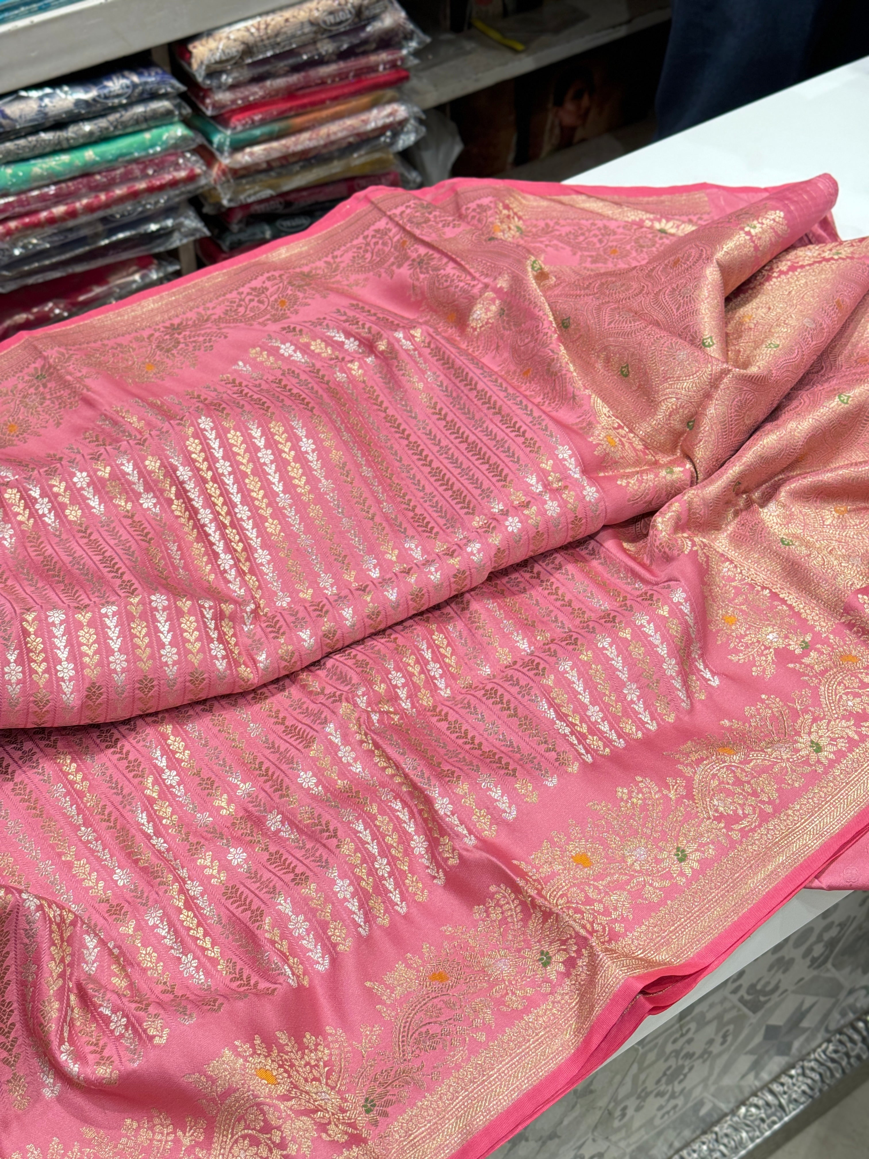 Pink Banarasi Line Weave Saree