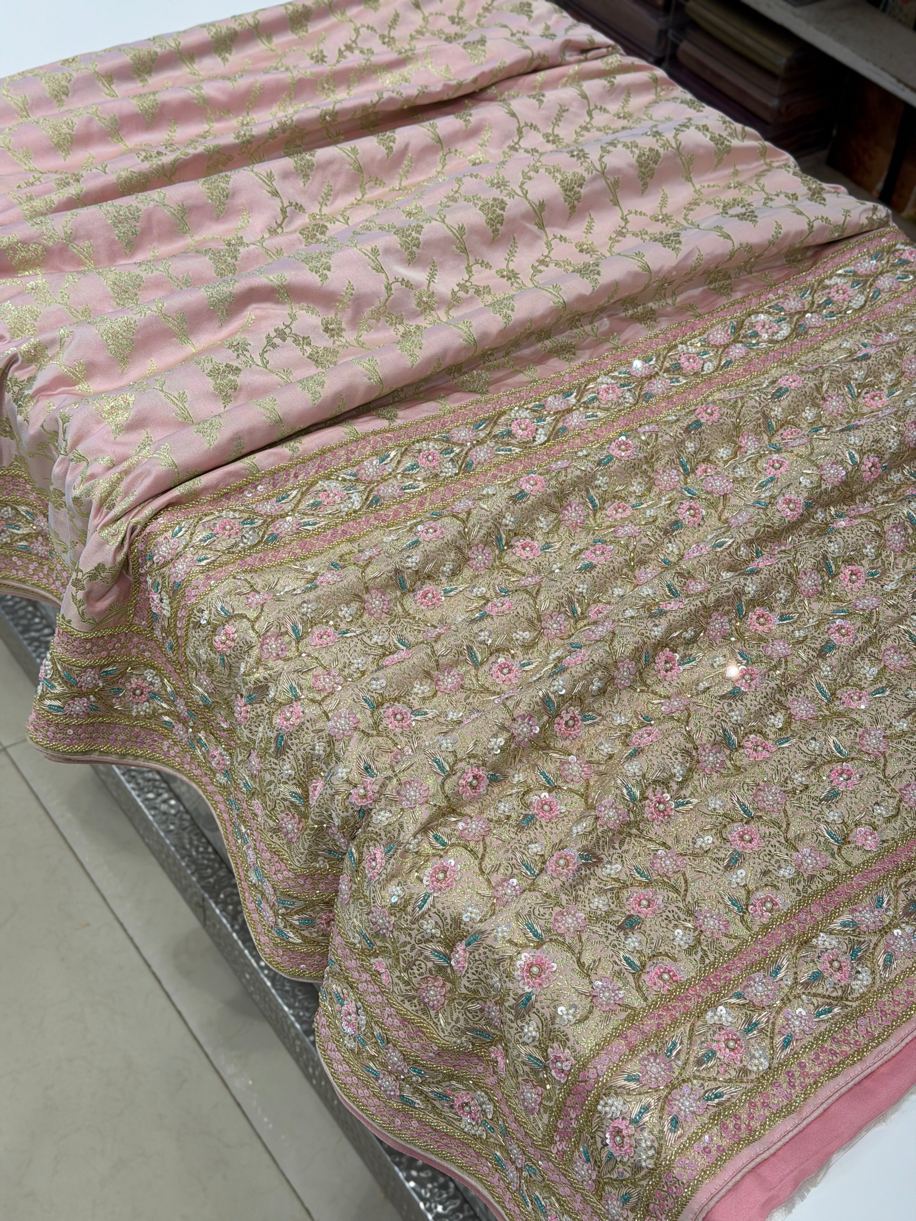 Light Pink Banarasi Floret Jaal Fancy Hand Embroidery Saree