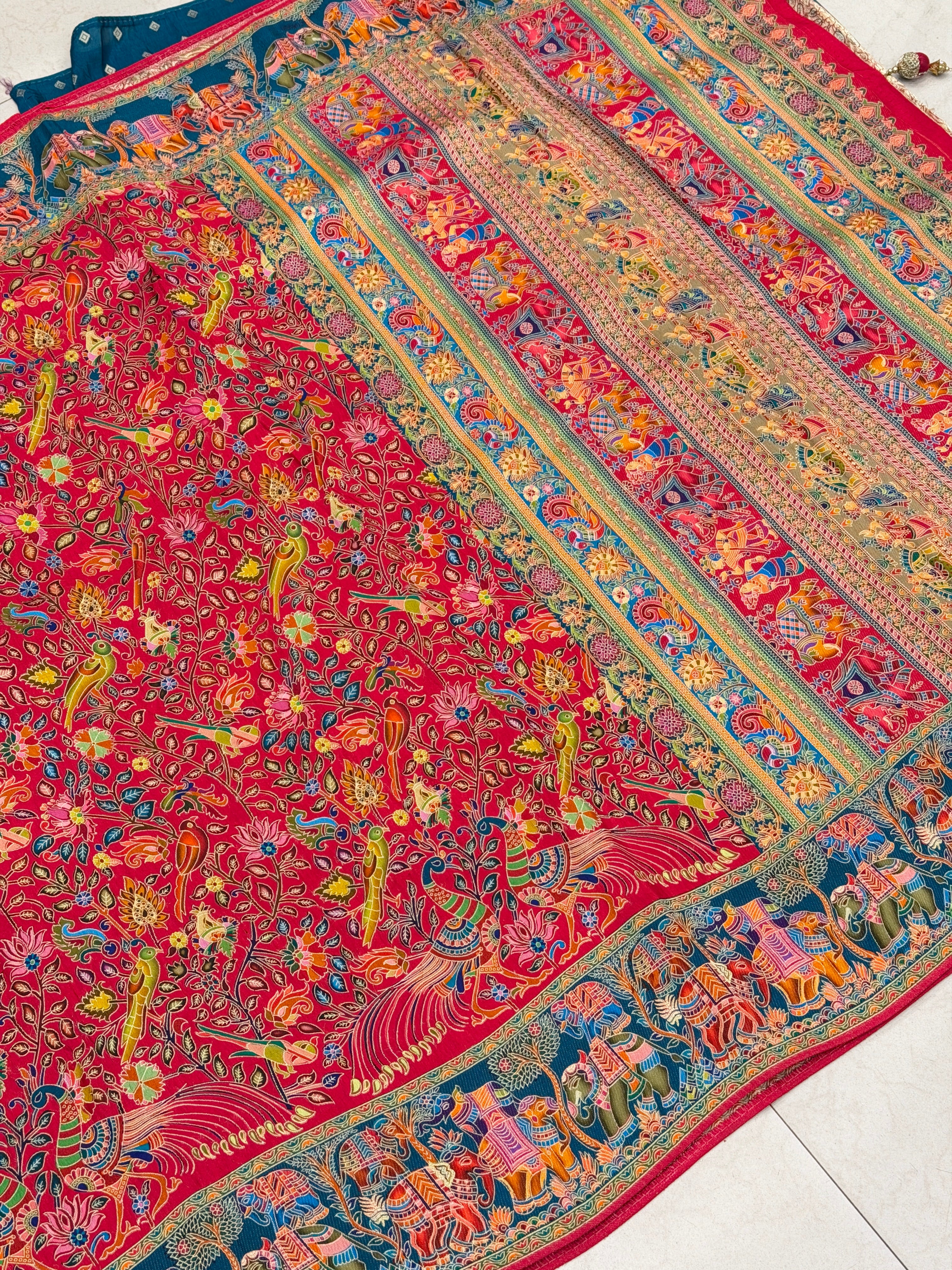 Red Blue Weaved Pashmina Style Multi Colour Saree