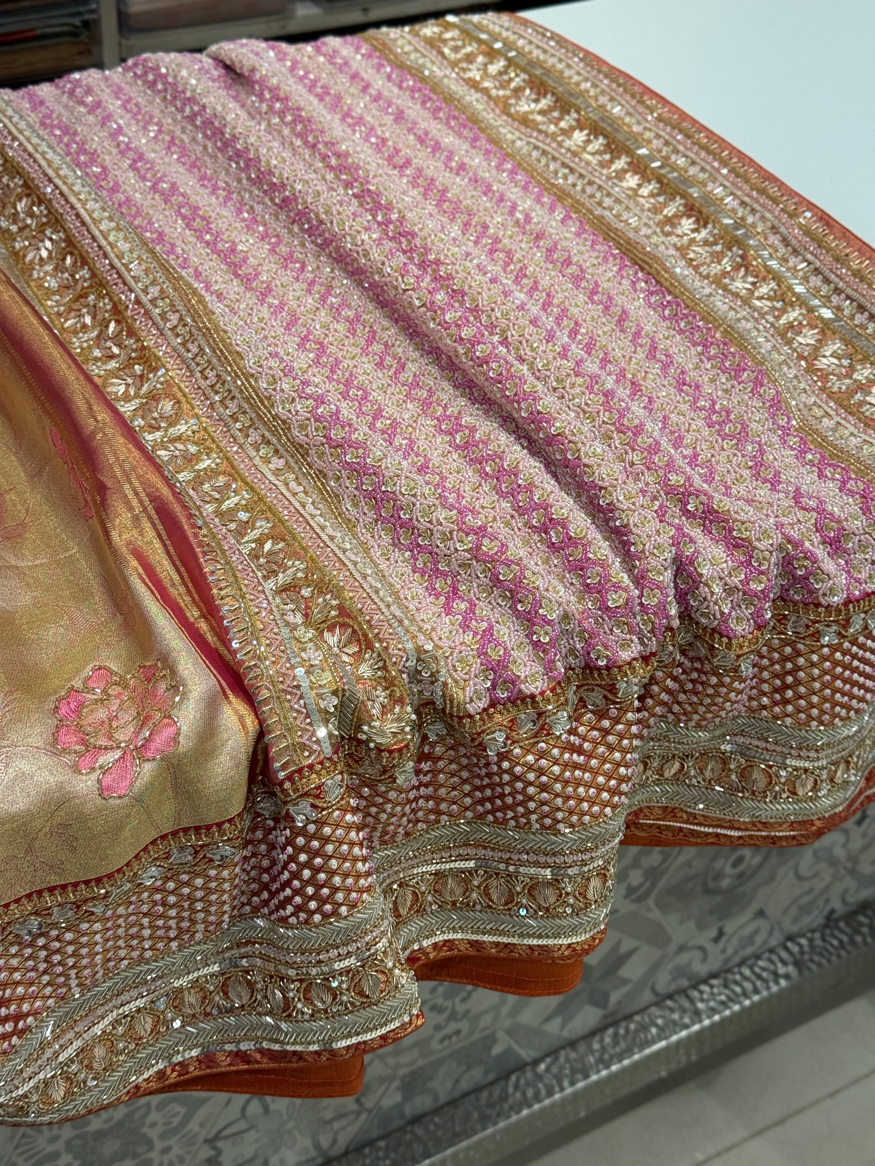 Rani Pink Rose Edit Tissue Kanjivaram Hand Embroidery Saree