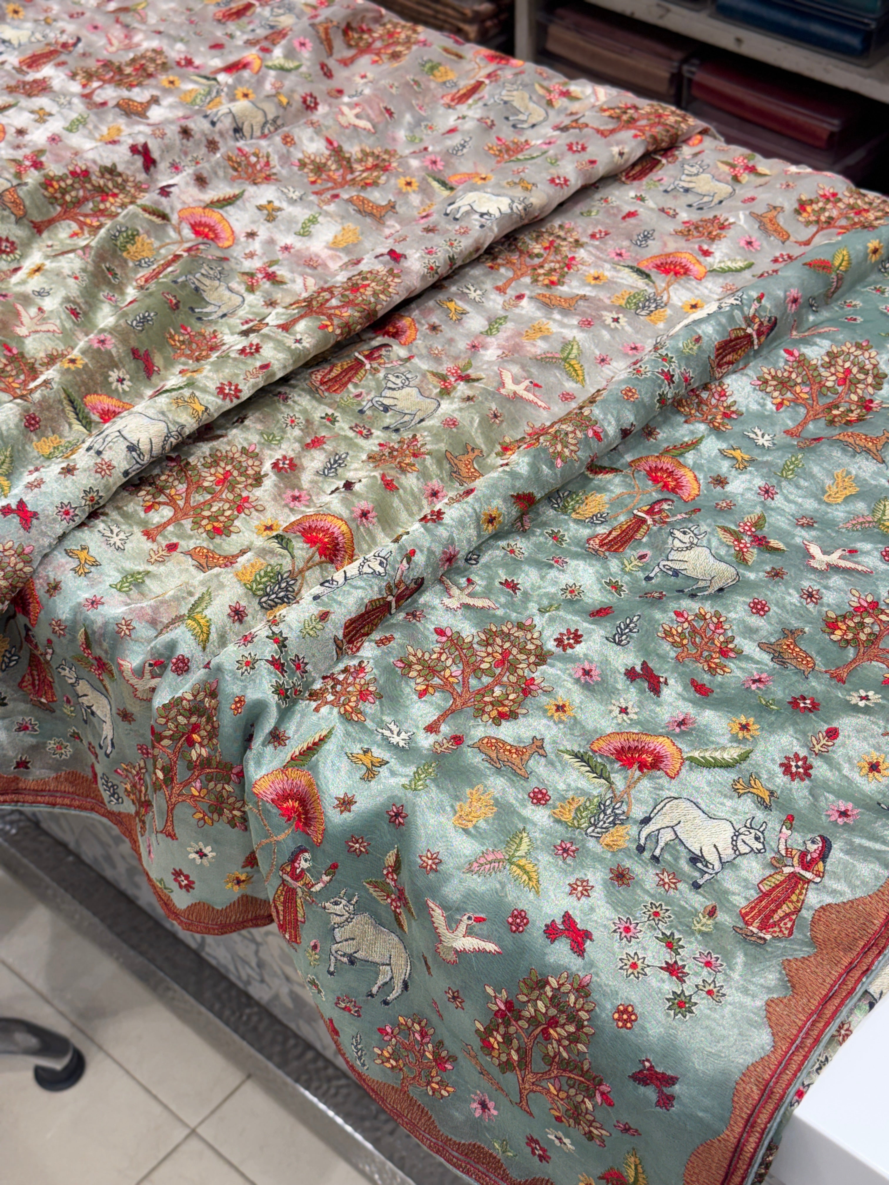 Nita Ambani Inspired Jamdani Style Embroidery Tissue Silk Saree