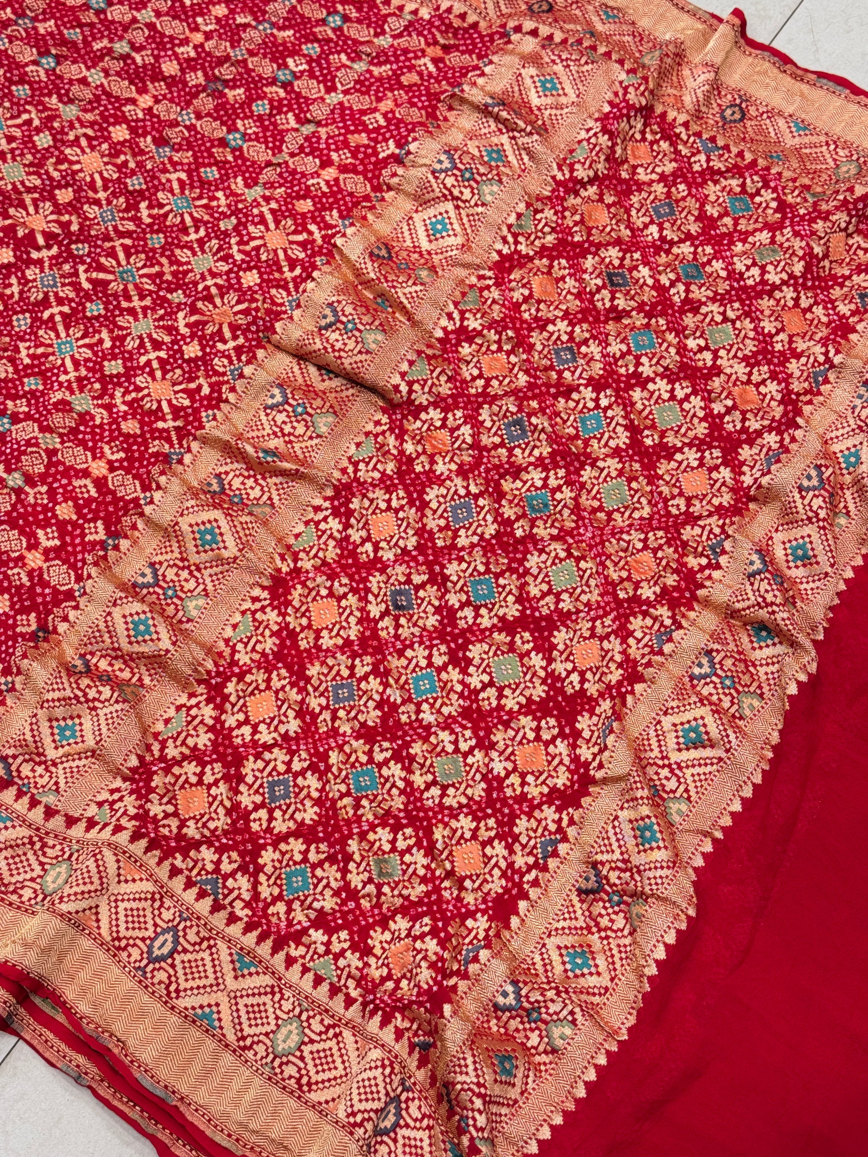 Red Bandhej Meenakari Bandhej Patola Weave Saree