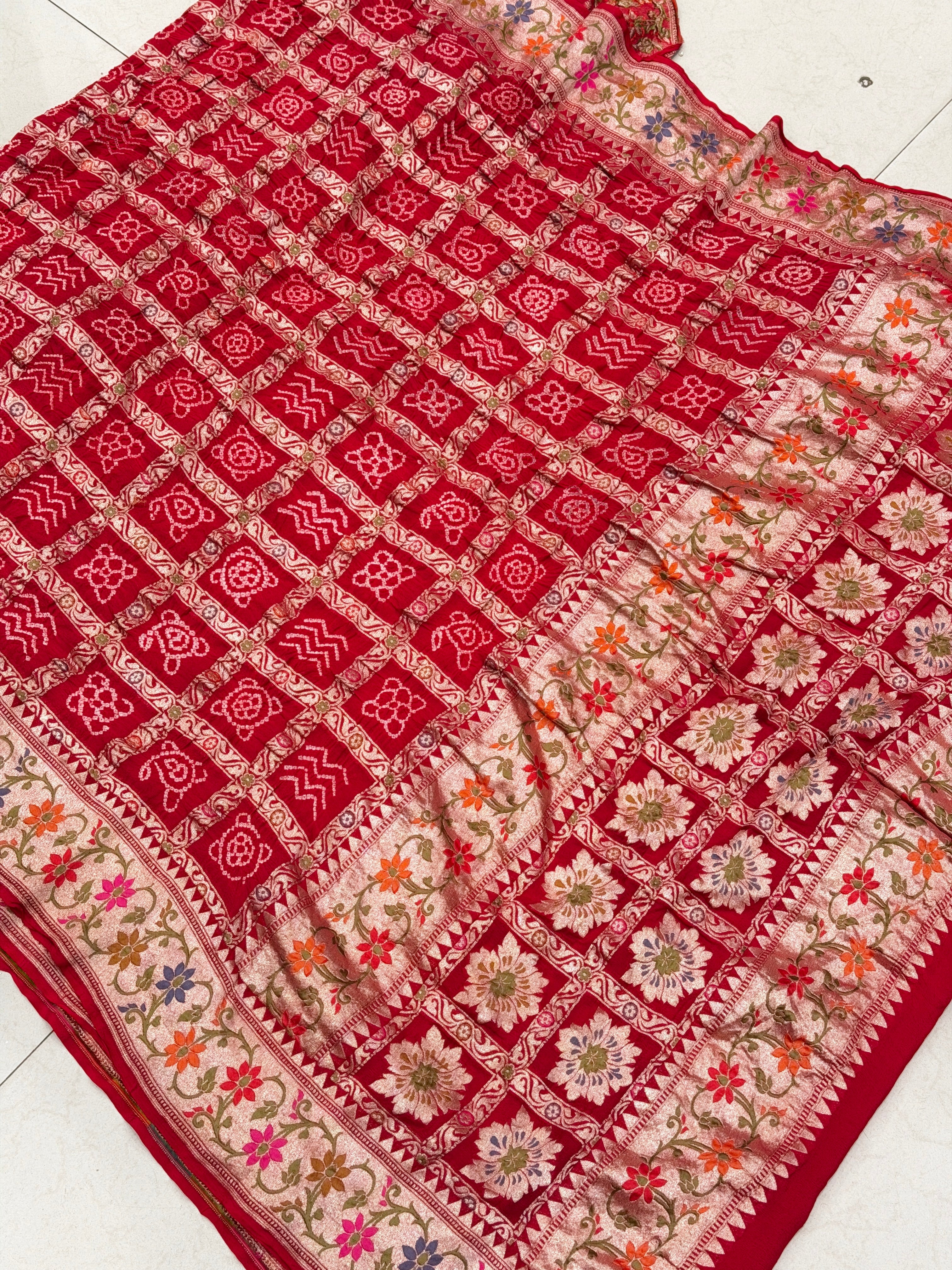 Red Gharchola Bandhej Meenakari Pure Georgette Rai Bandhej Saree