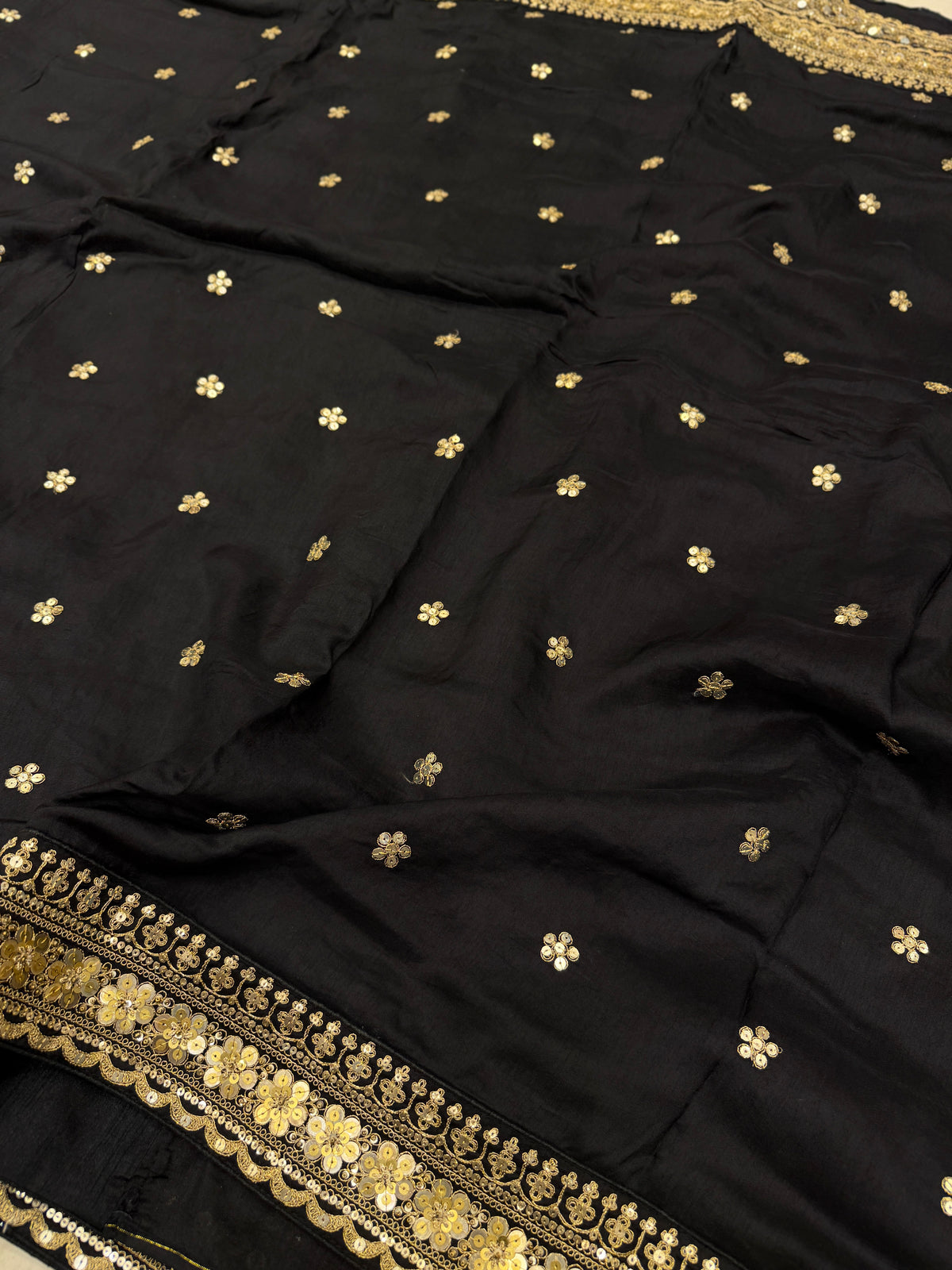 Black Pure Silk Sabyasachi Inspired Marodi Sequin Butti Saree