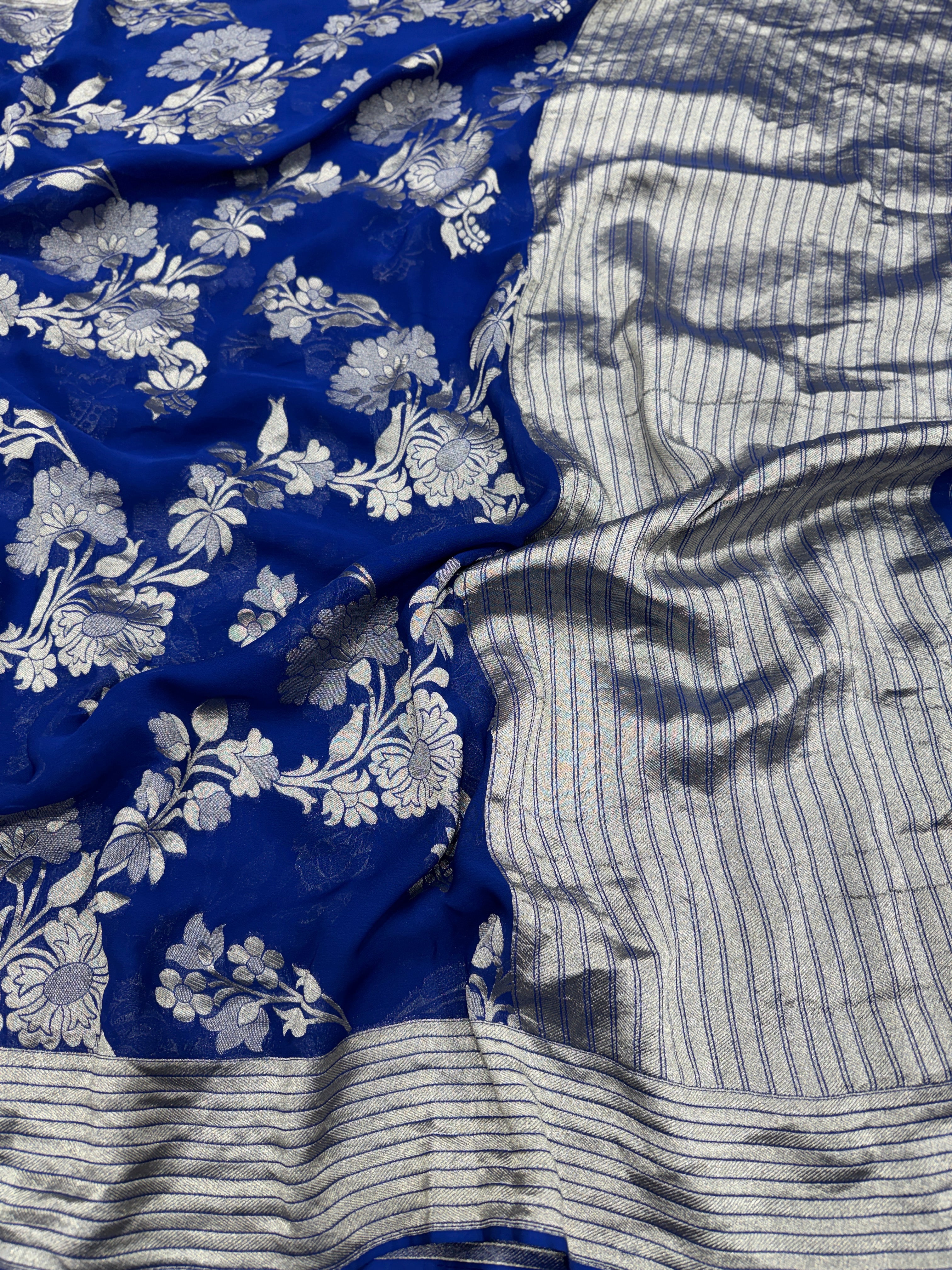 Royal Blue Banarasi Khaddi Georgette Silver Zari Jaal Saree
