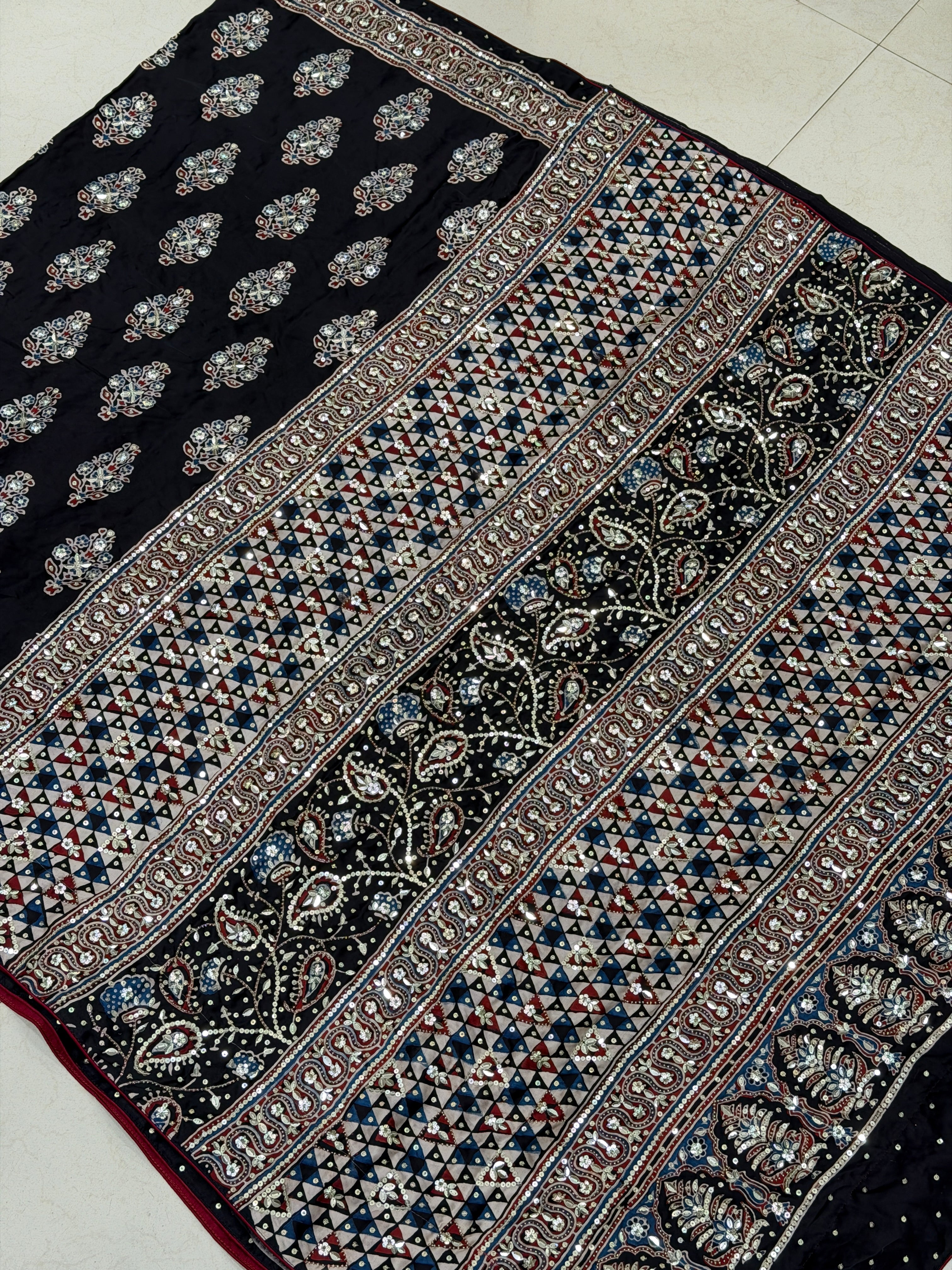 Black Buttas Ajrakh Sequin Moti Hand Embroidery Saree