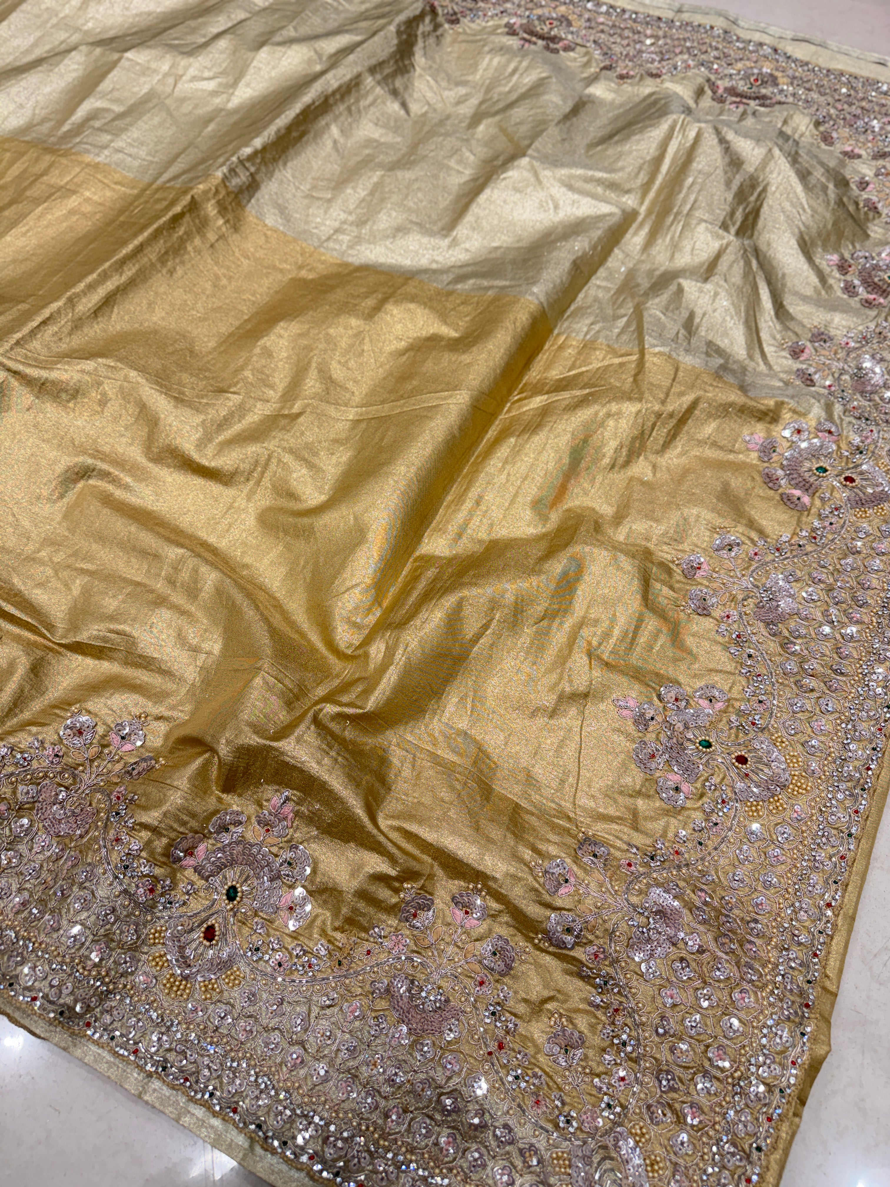 Golden Crushed Paper Tissue Silk Embroidery Saree