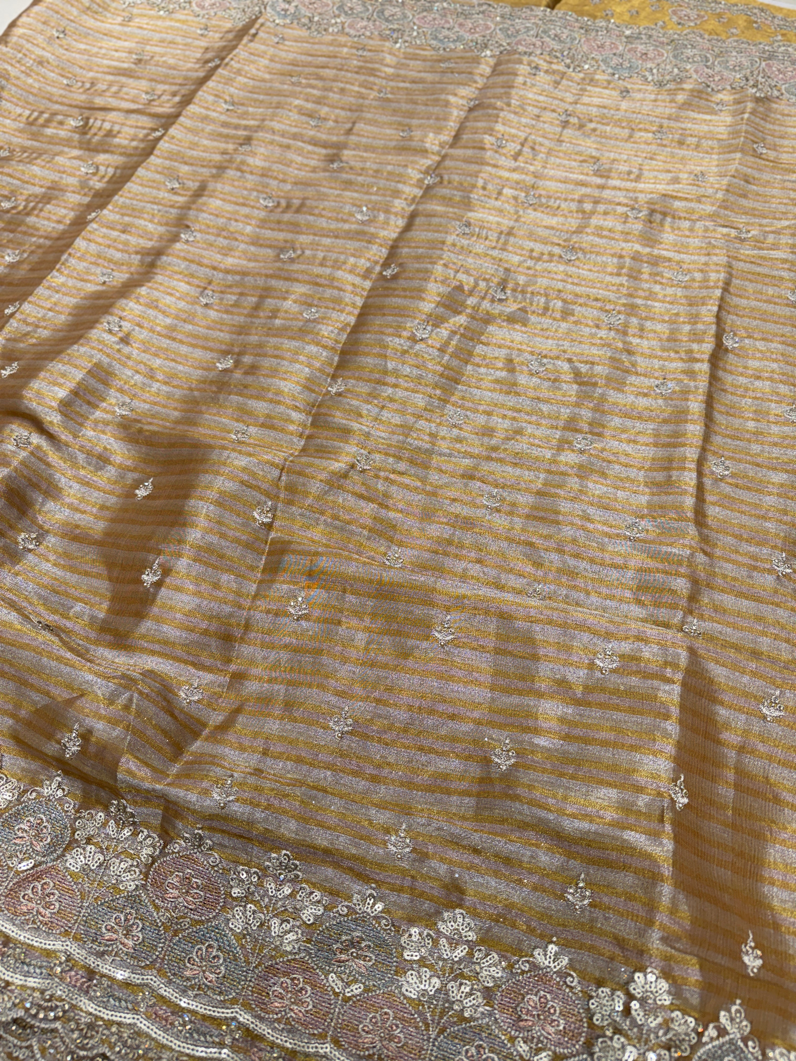 Golden Silver Soft Tissue Meenakari Pita Embroidery Saree