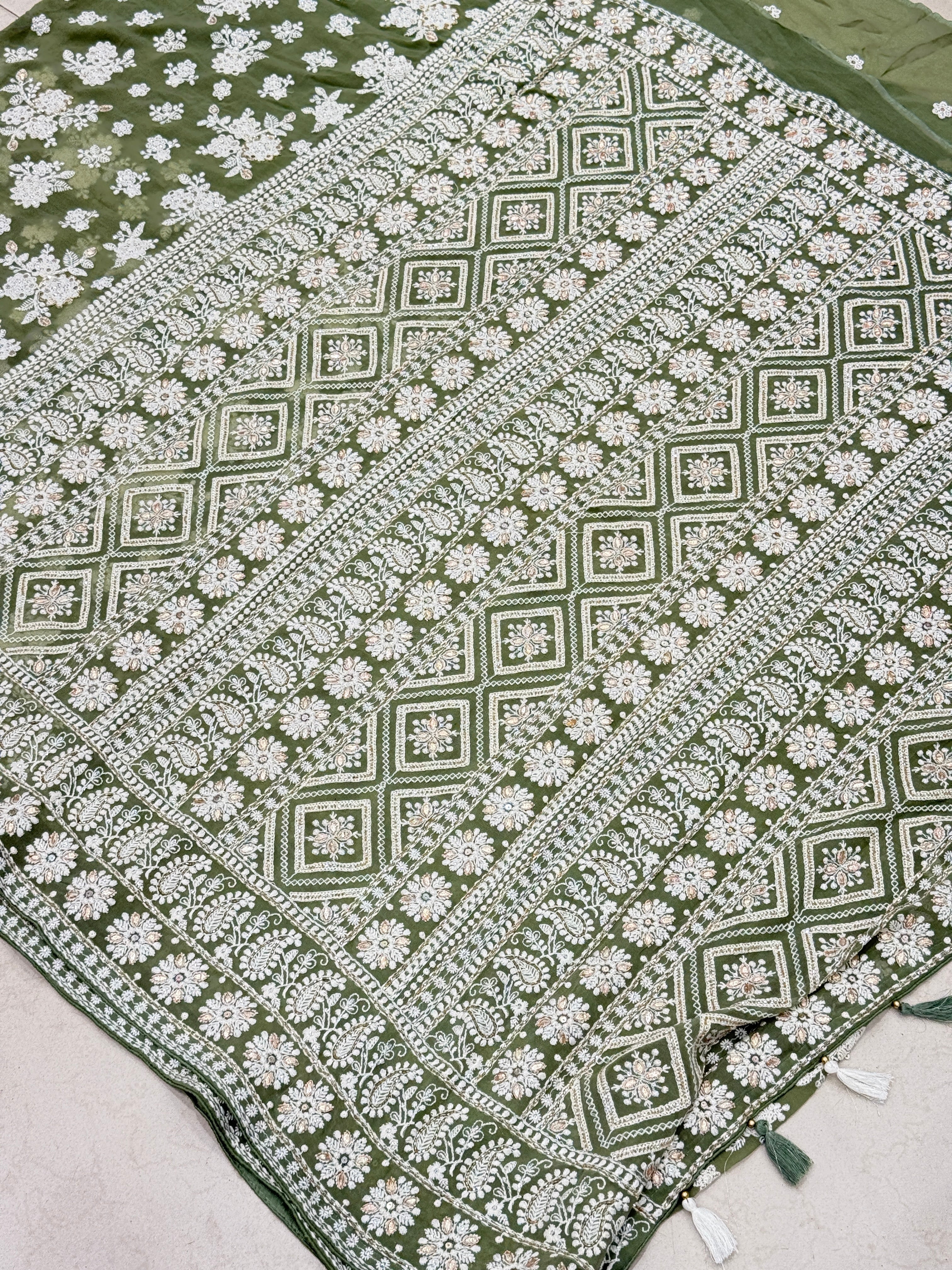 Green Butta Chikankari on Georgette with Cutdana Hand Embroidery