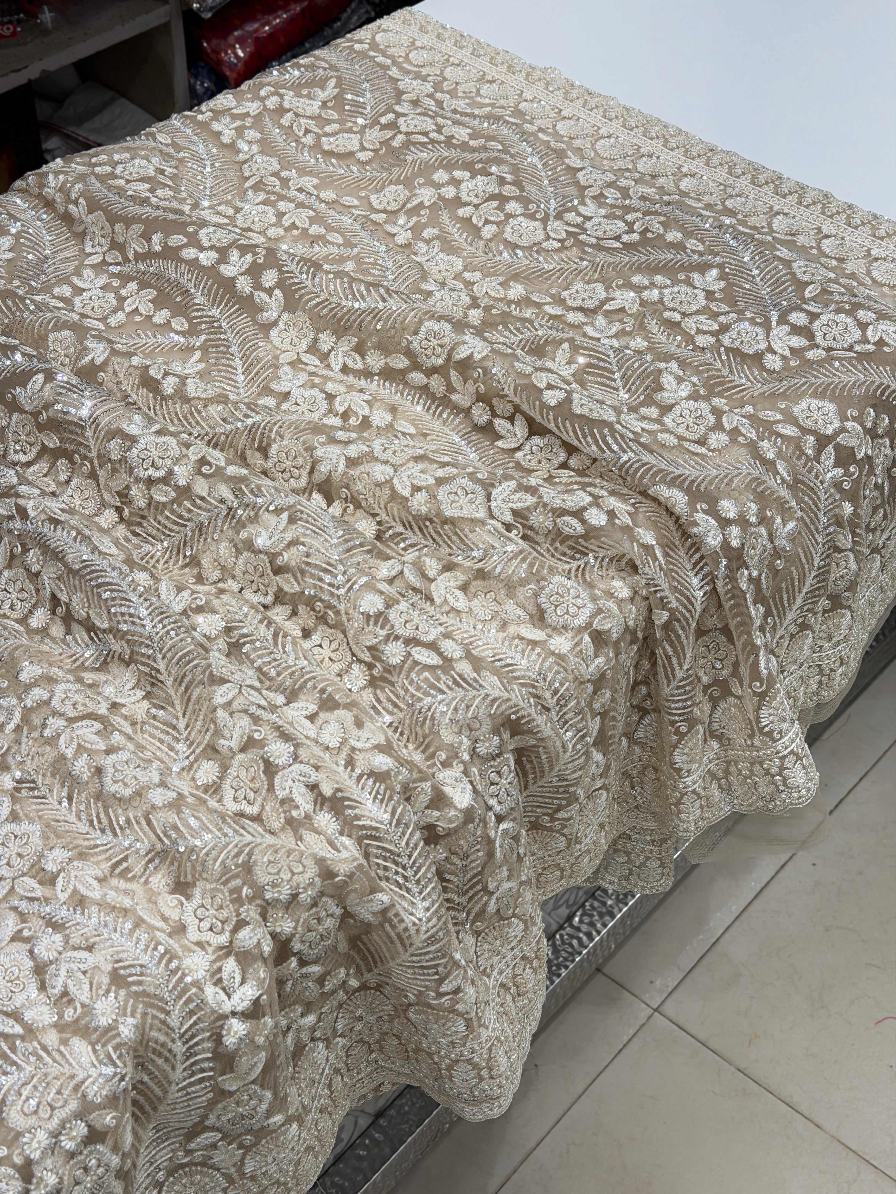 Champagne Net Resham Moti Embroidery Soft Saree Floral Border