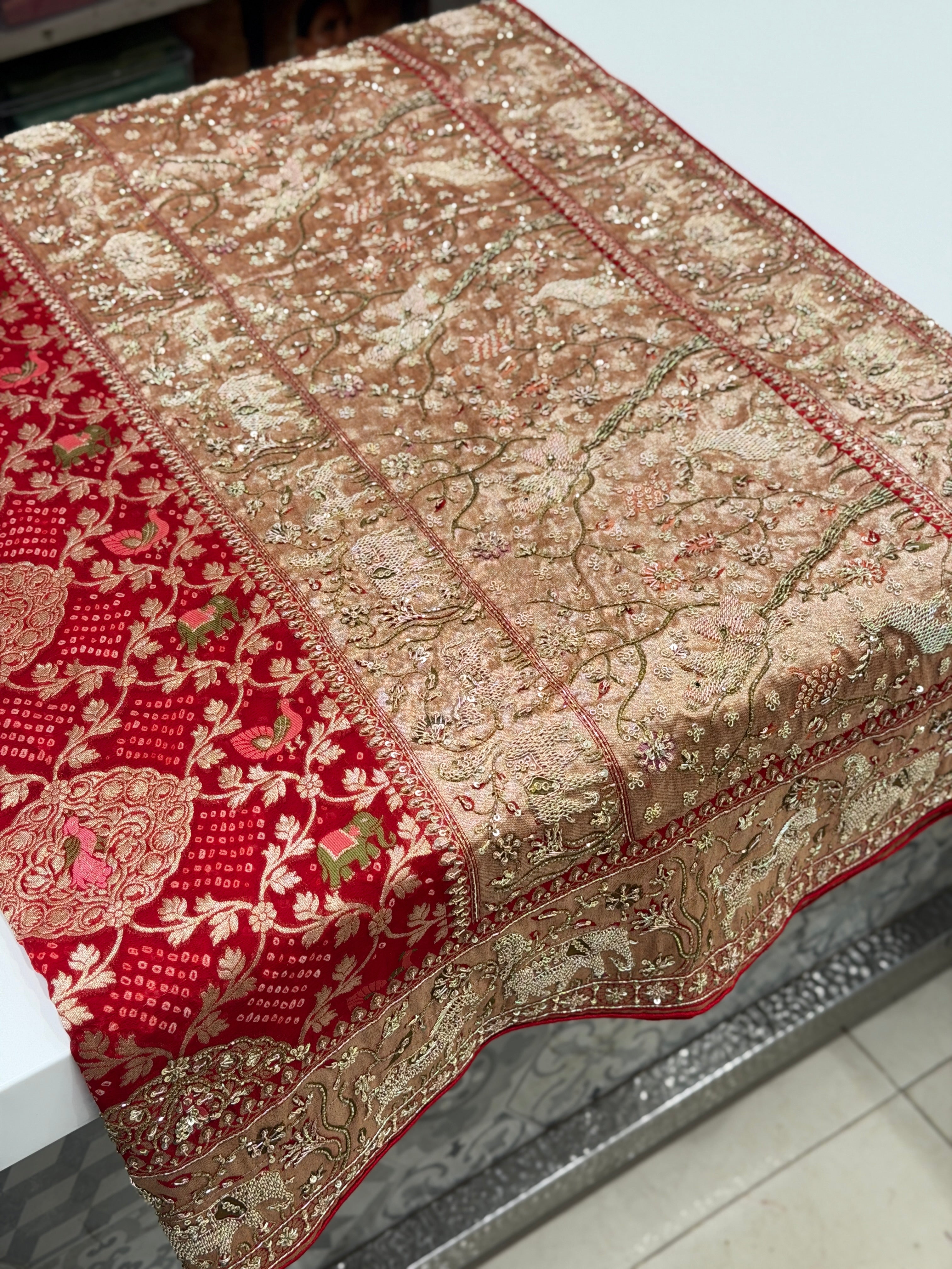 Red Meenakari Rai Bandhej Saree Elephant Motif  Zardosi Hand Embroidery