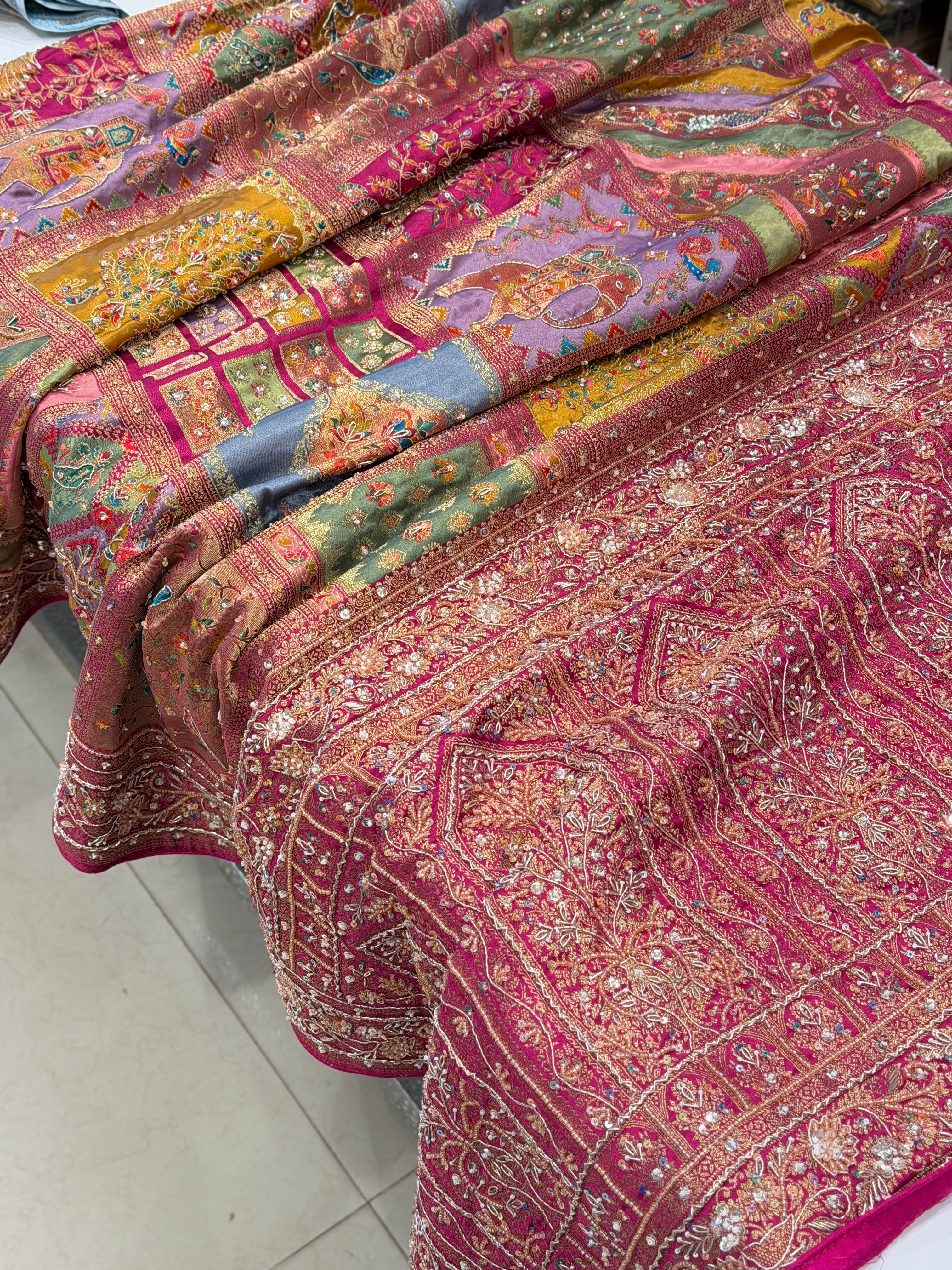 Multi Colour Modal Banarasi Rangkat Moti Sequin Hand Embroidery Saree