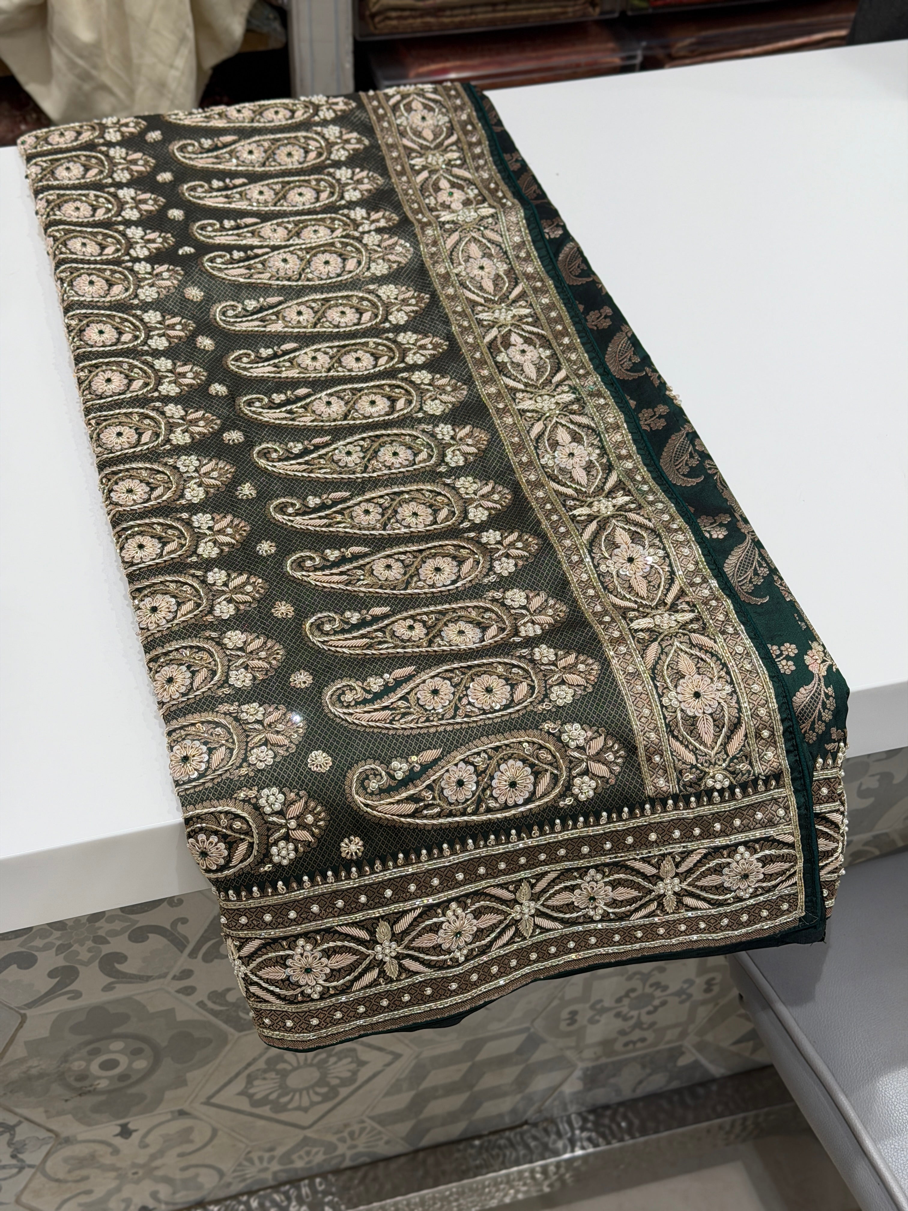 Bottle Green Jaal Handloom Banarasi Pure Katan Zardosi Embroidery Saree