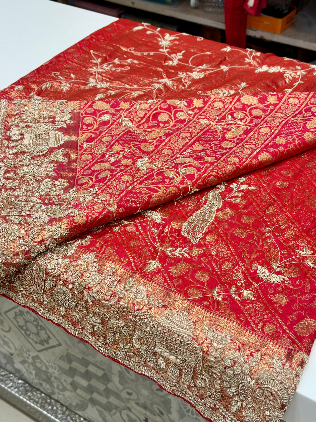 Crimson Red Kanjivaram Doli Edit Zardosi Hand Embroidery Saree