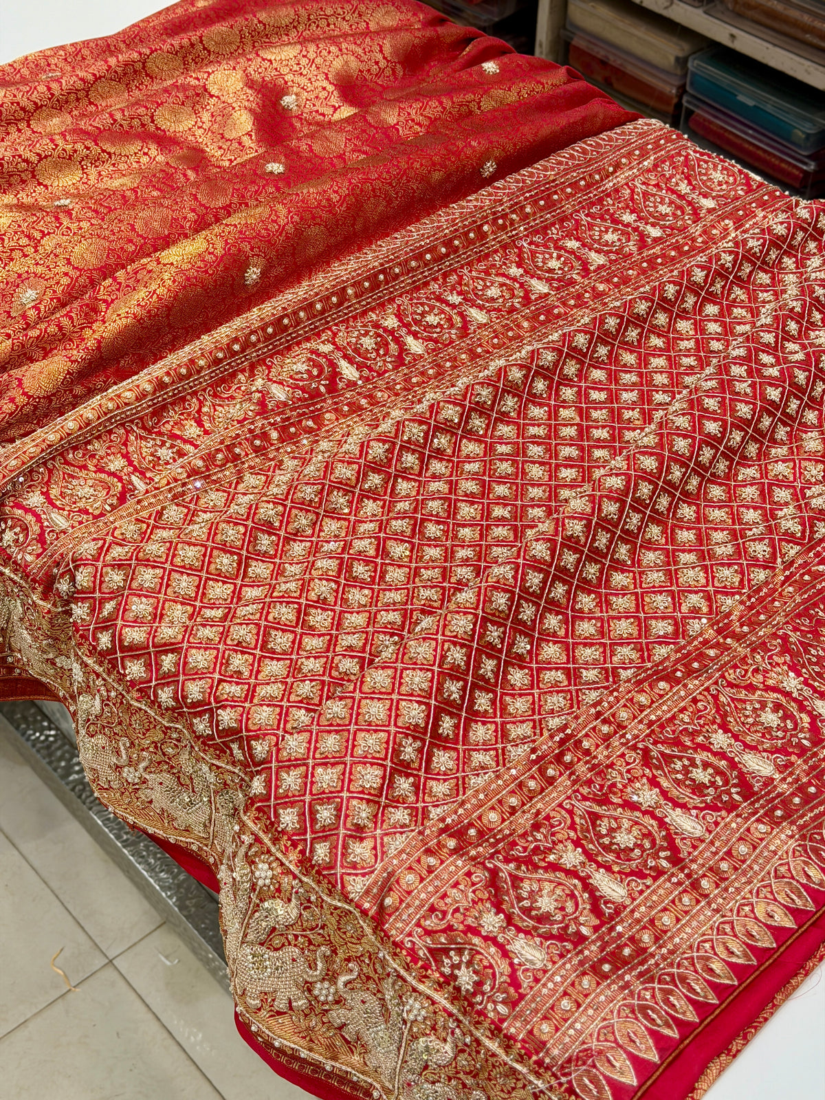 Red Kanjivaram Elephant Motifs Zardosi Hand Embroidery Saree