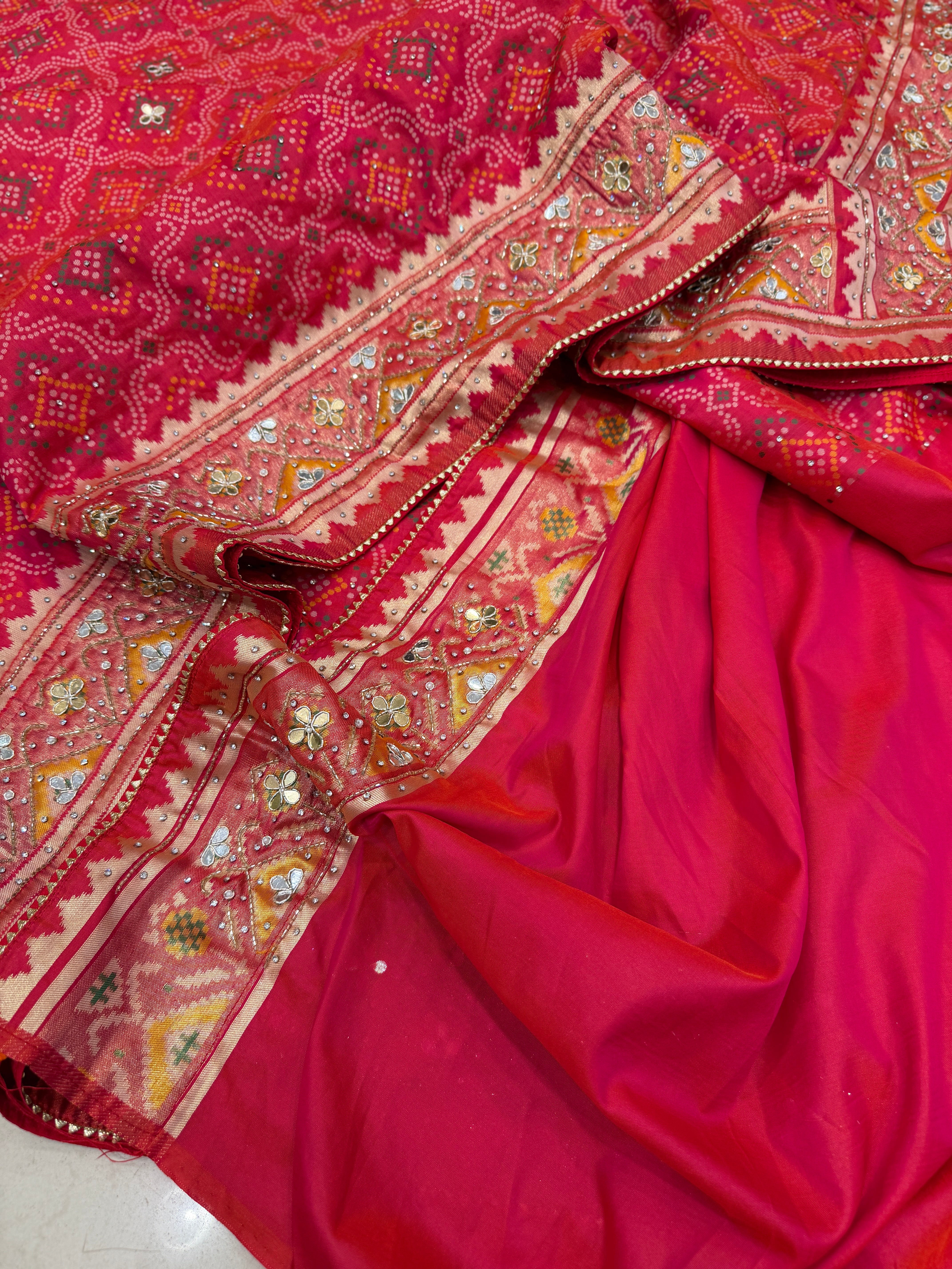 Rani Pink Patola Bandhej Saree Hand Embroidery Saree