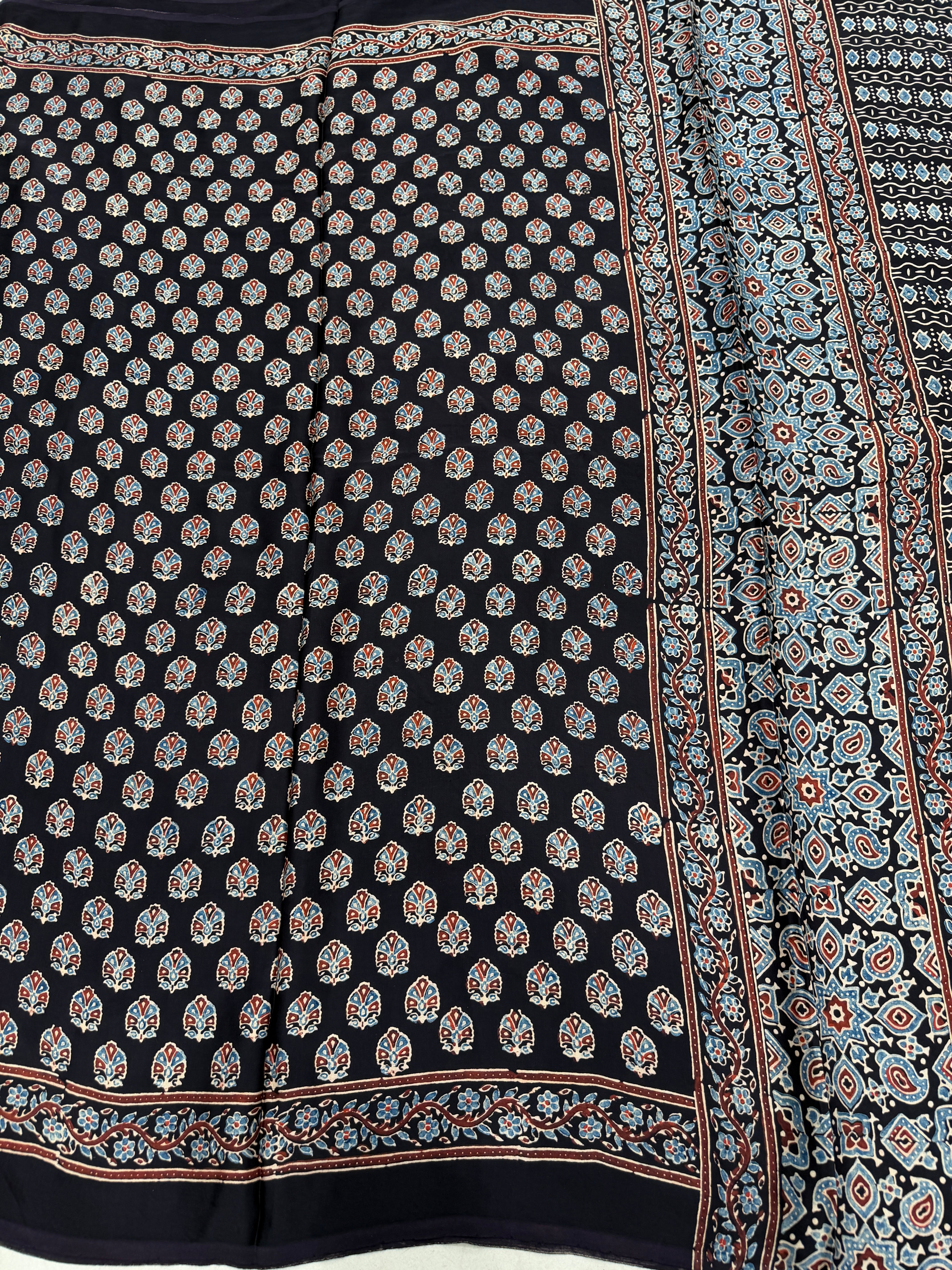 Black Buttis Ajrakh Hand Block Print Pure Gajji Silk Saree