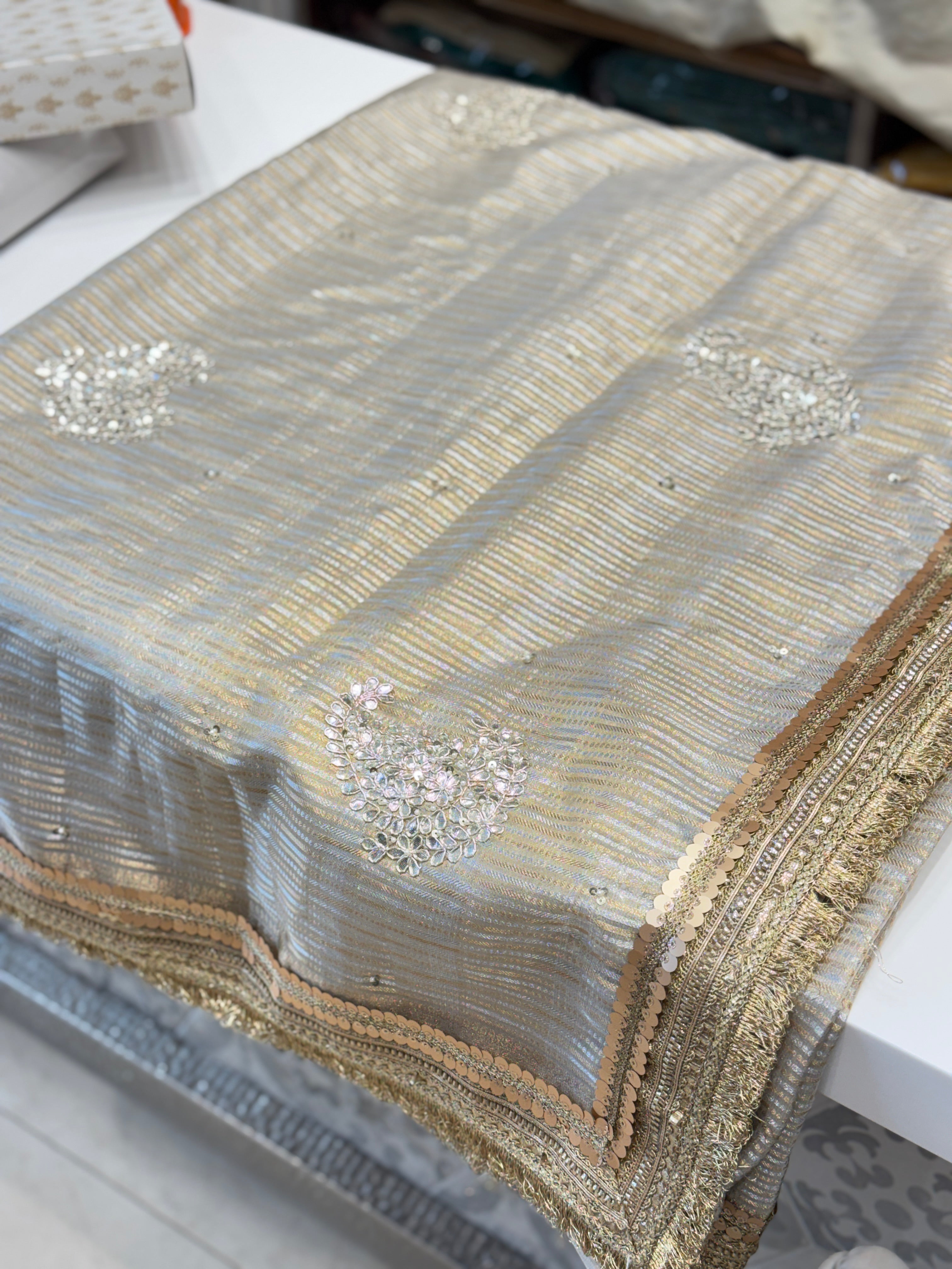 Tissue Maharani Style Gota Zardosi Hand Embroidery Butta Saree