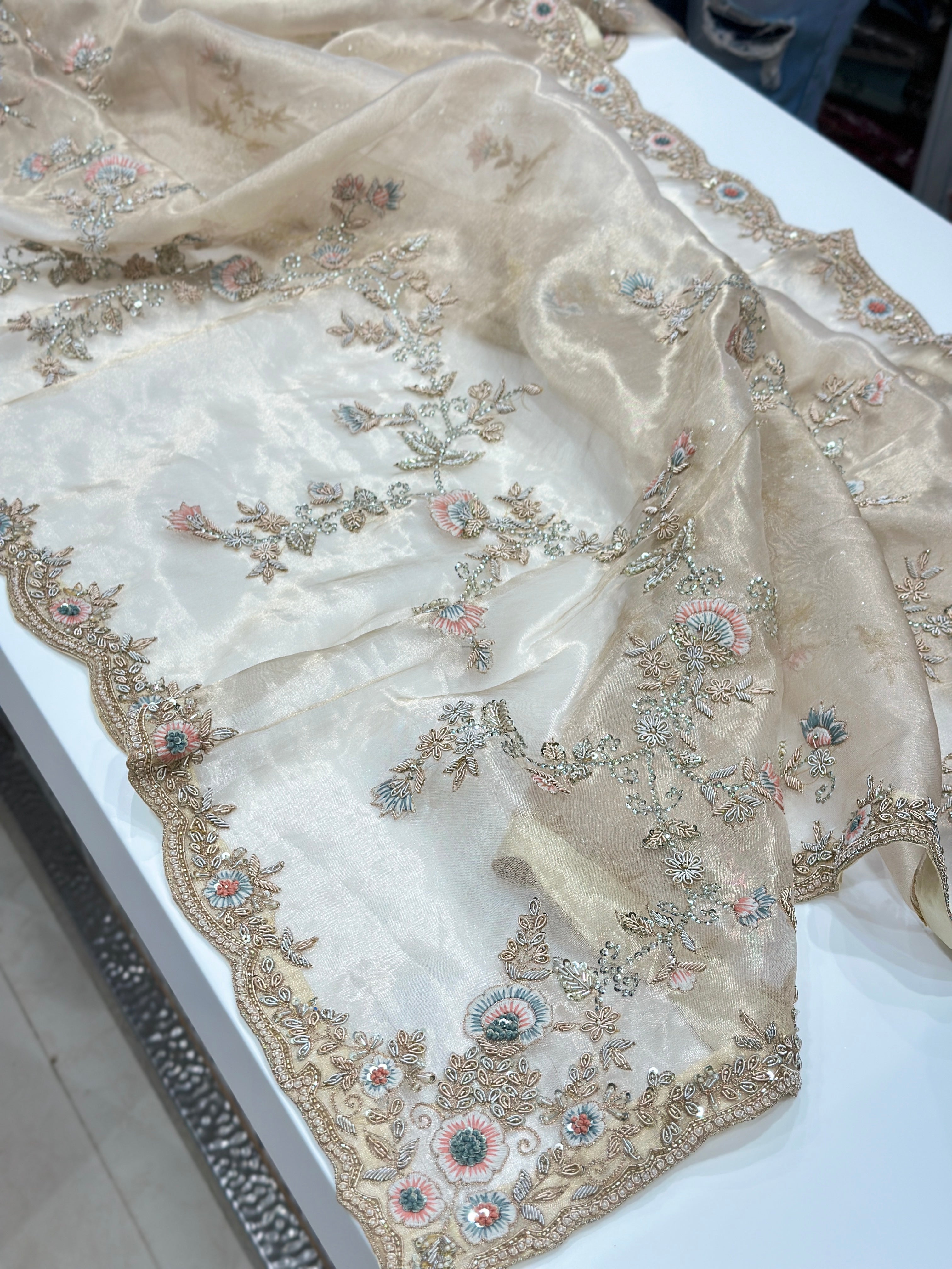 Light Gold Tissue Zardosi Resham Knot Hand Embroidery Saree