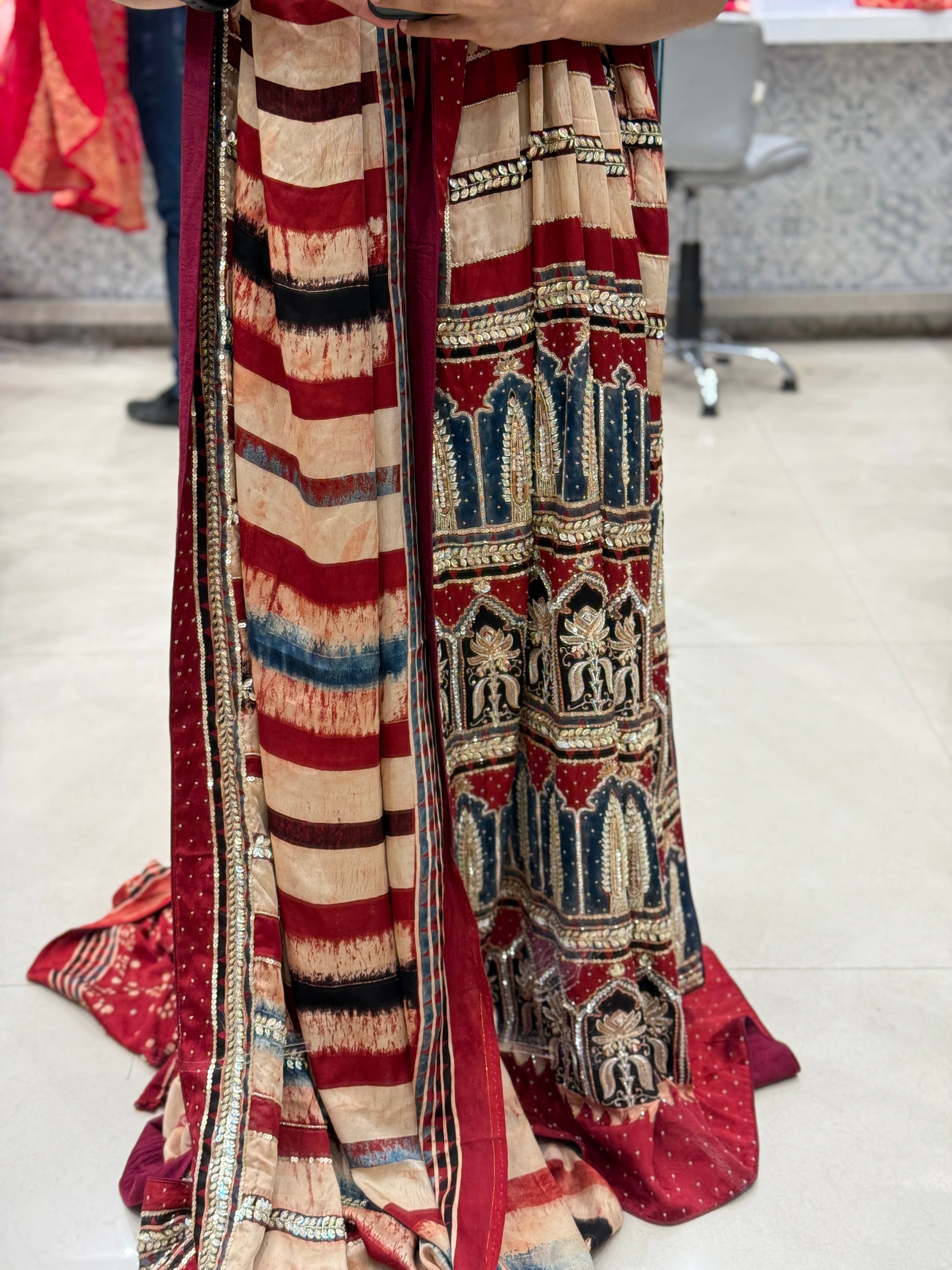 Ajrakh Hand Embroidery Zardosi Sequin Saree Contemporary