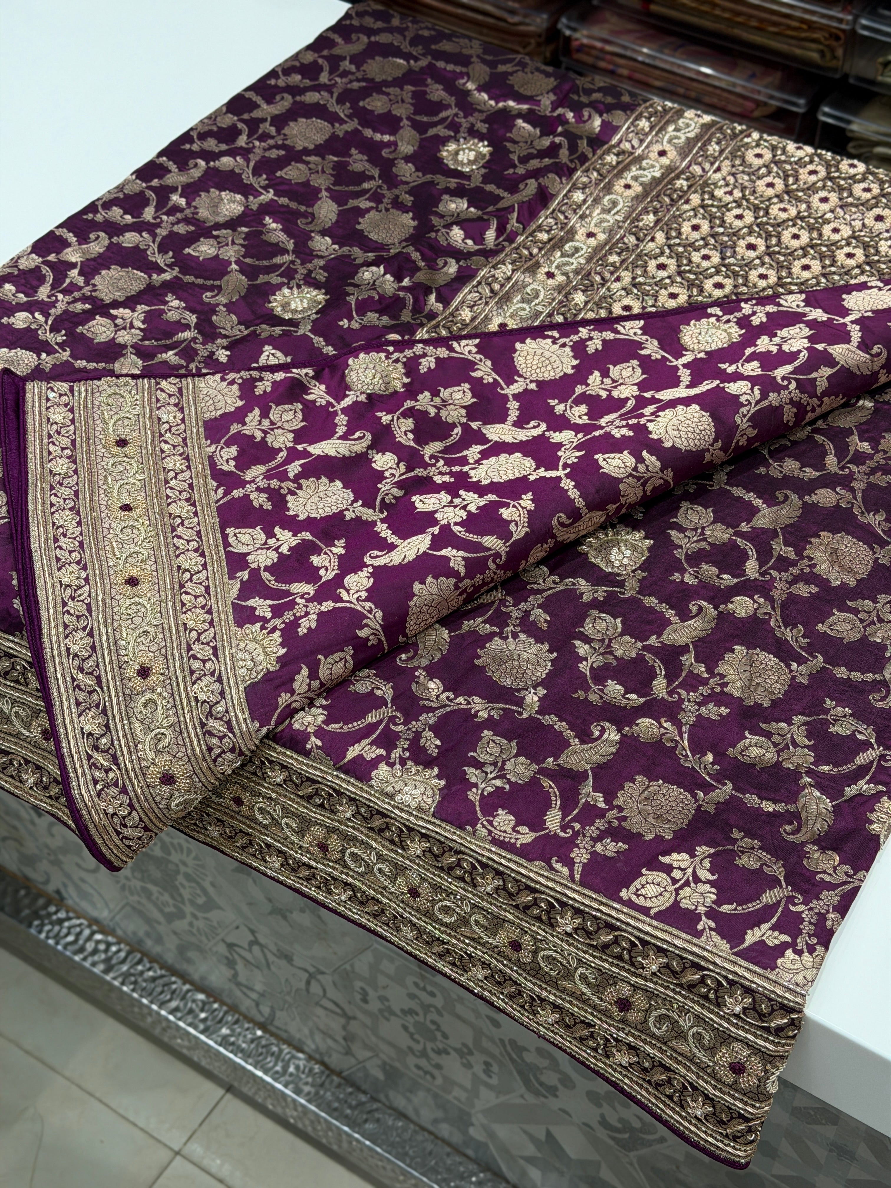 Wine Jaal Handloom Banarasi Katan Silk Zardosi Hand Embroidery Saree