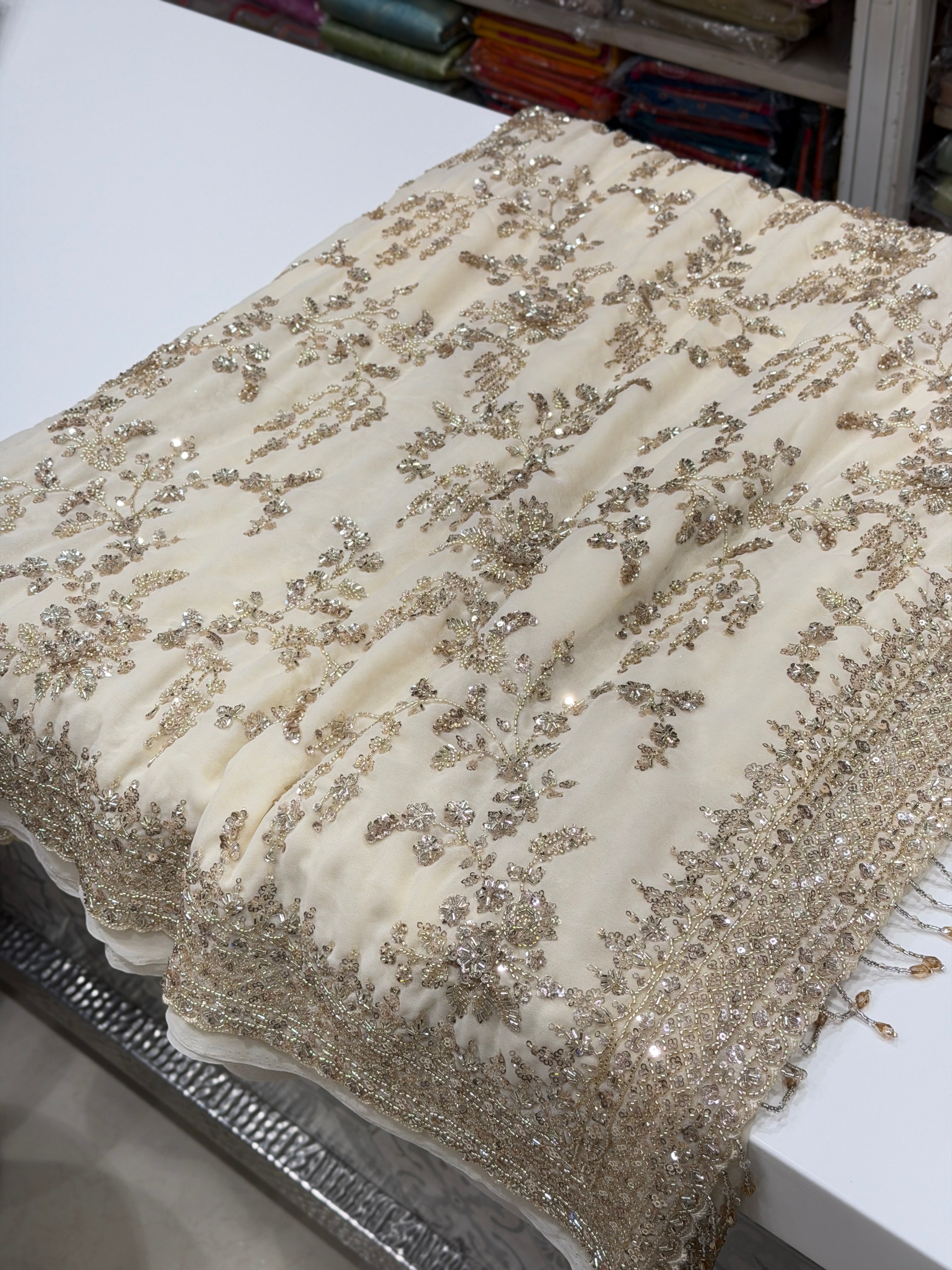 Moti White Manish Malhotra Inspired Georgette Moti Sequin Jaal Saree