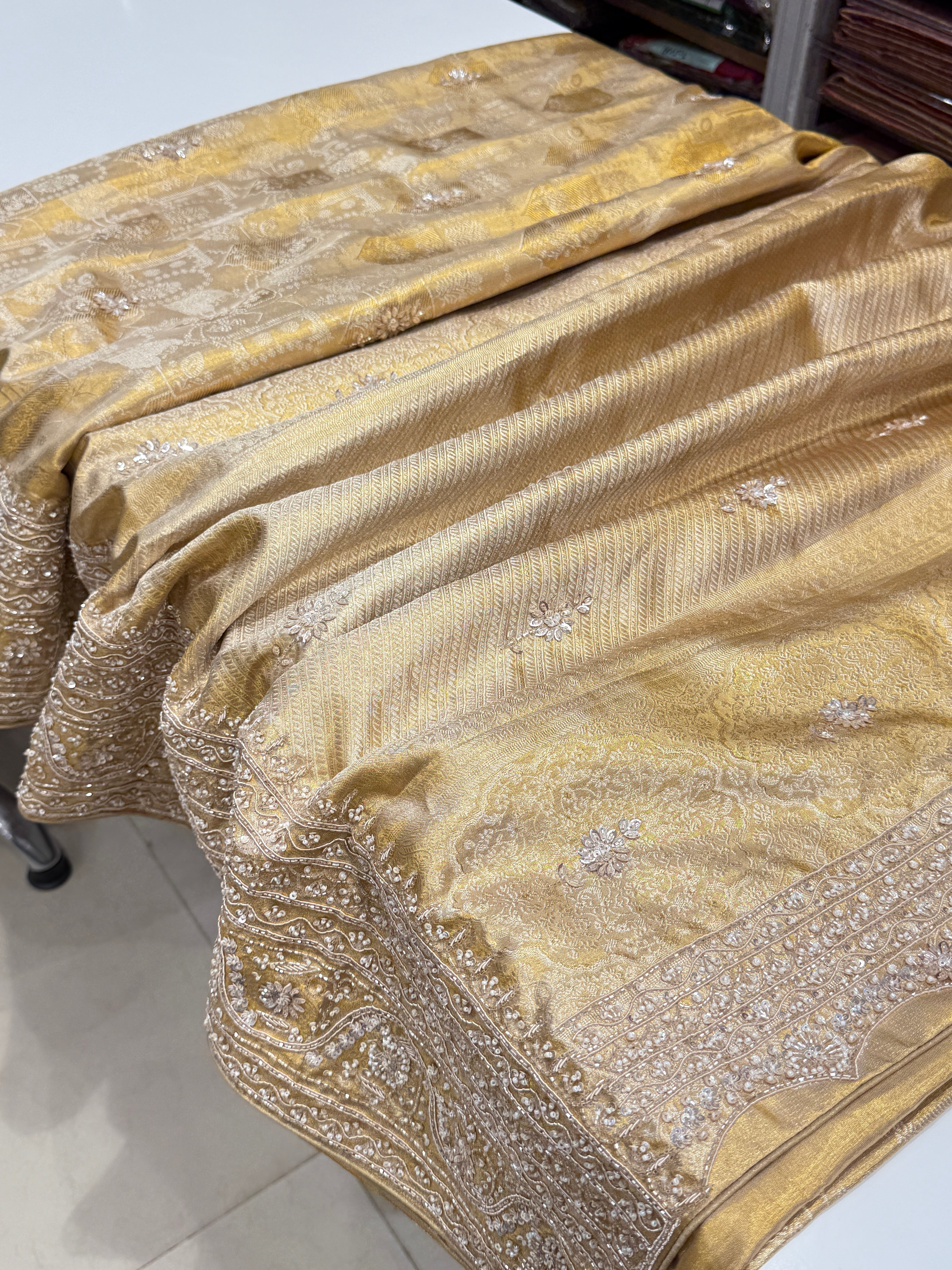 Gold Tissue Zardosi Moti Kanjivaram Hand Embroidery Saree