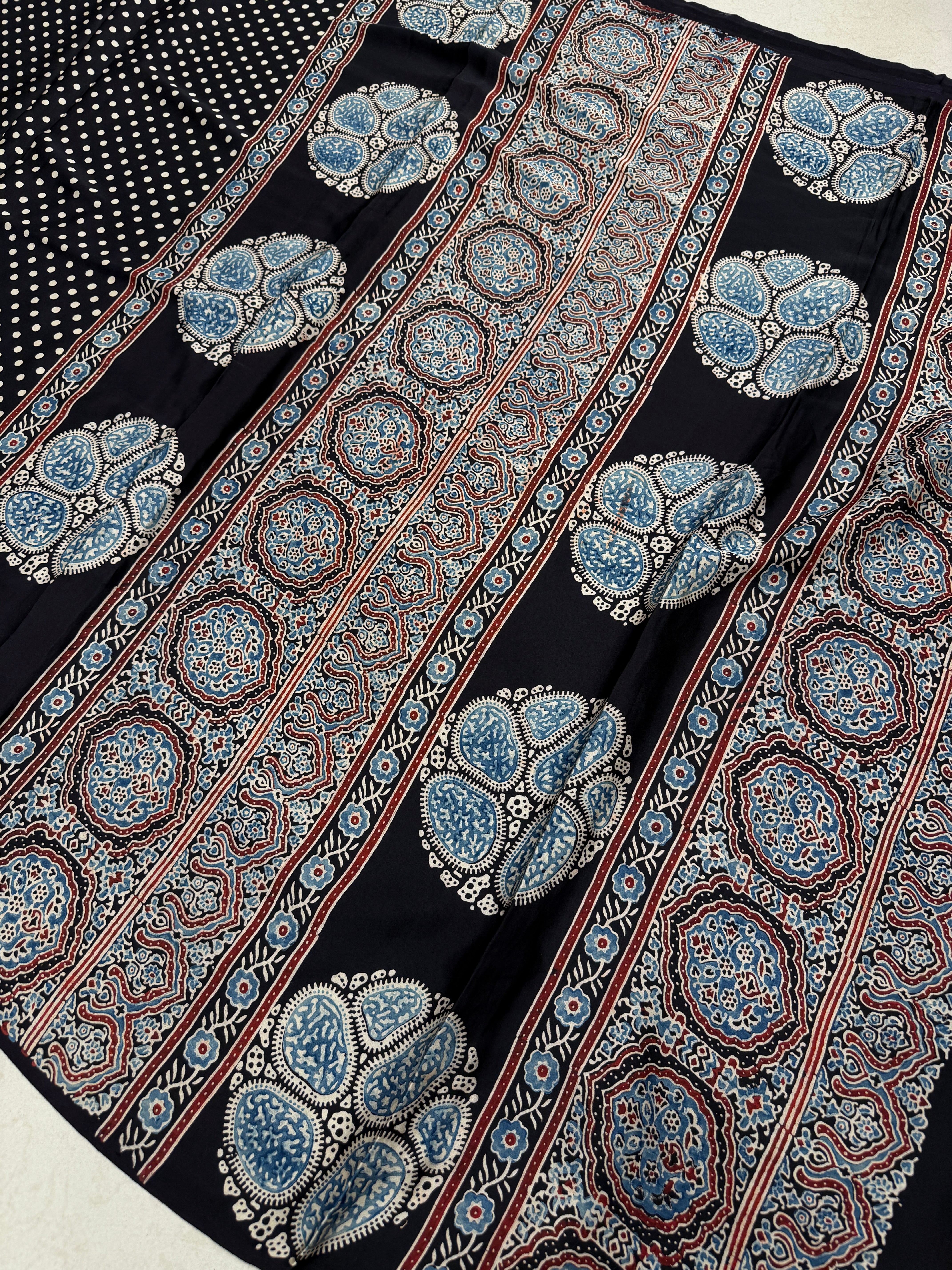 Black Polka Dots Ajrakh Block Print Hand Pure Gajji Silk Saree